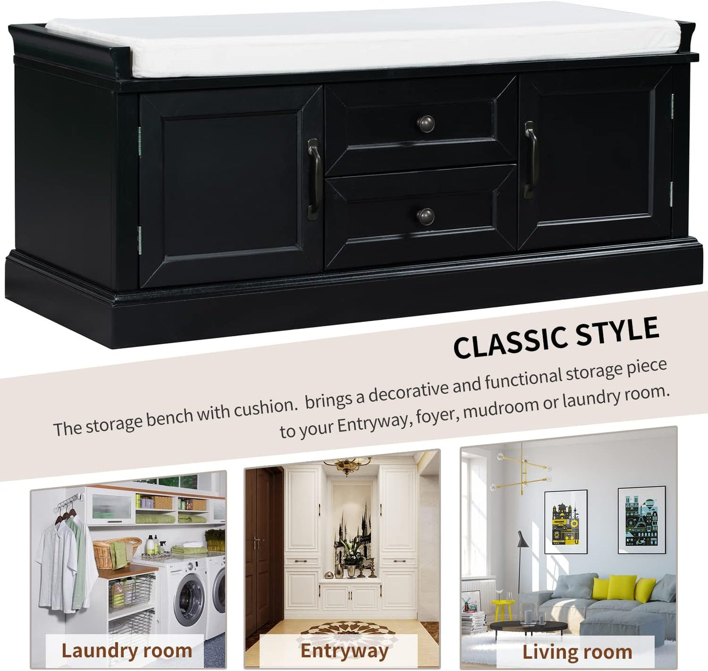 42″ Storage Bench with 2 Drawers and 2 Cabinets,Multipurpose Entryway Shoe Rack W/Removable Cushion,for Living Room Hallway Porch,Black