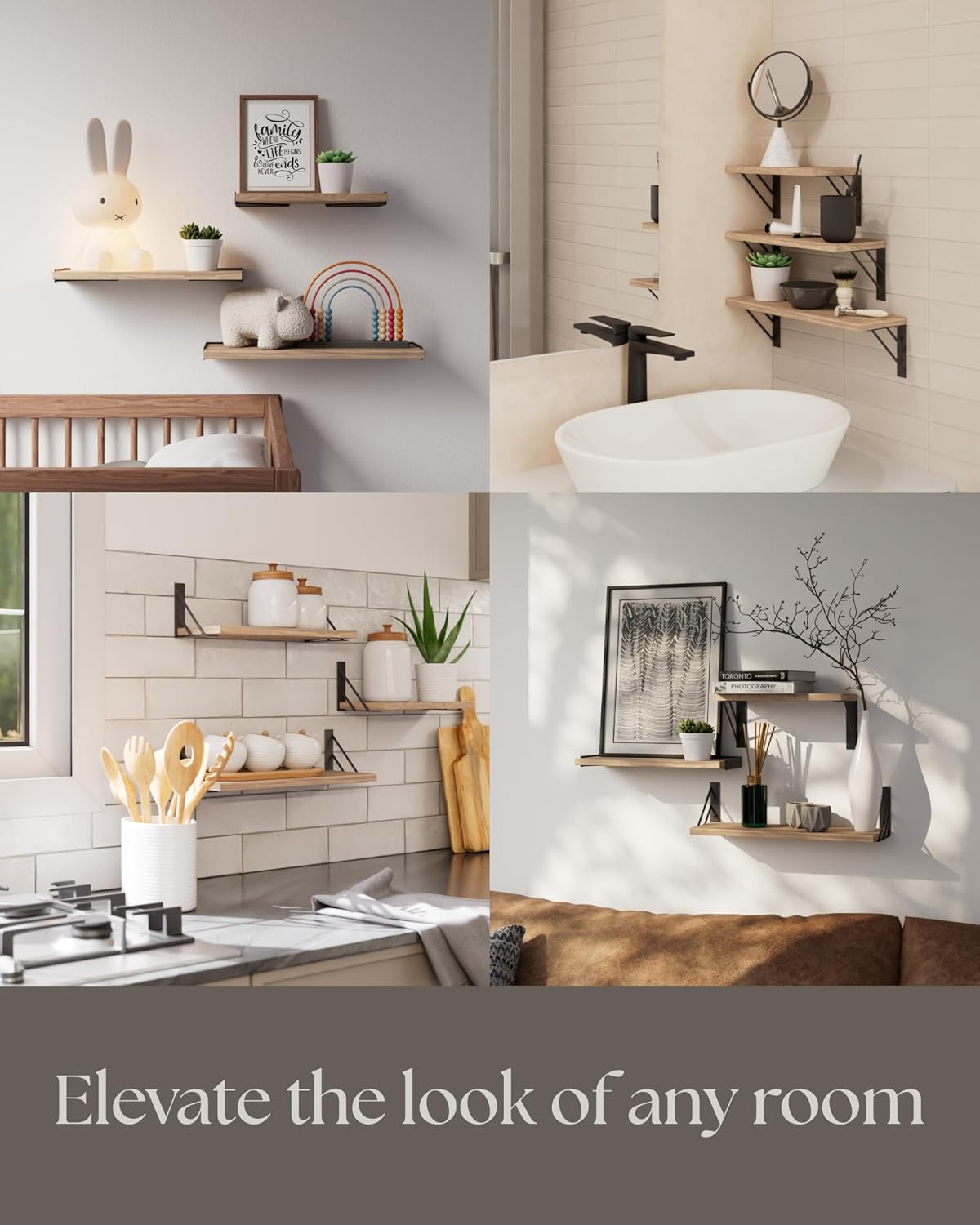 BAYKA Wall Shelves for Bedroom Decor, Floating Wall Shelves for Living Room Kitchen Storage, Wall Mounted Rustic Wood Floating Shelves for Kids Books, Corner Shelves for Bathroom(Brown,Set of 3)