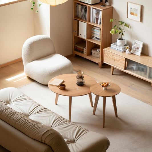 100% Solid Oak Wood Coffee Table Set, Round Coffee Table Combo Side Table w/Solid Wood Legs, Mid Century Table Sturdy Tables for Bedroom Balcony Living Room (Natural, Small-Medium Combo)