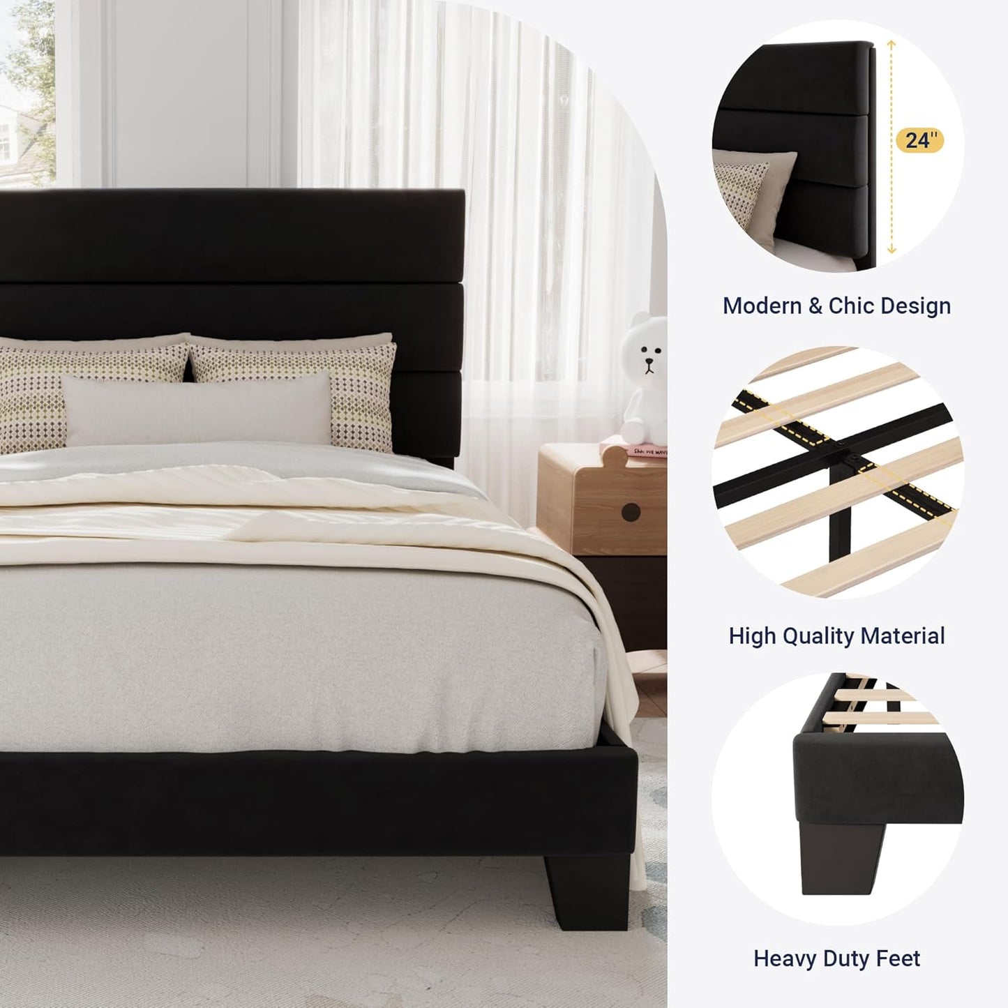 Allewie Twin Size Platform Bed Frame with Velvet Upholstered Headboard and Wooden Slats Support, Fully Upholstered Mattress Foundation/No Box Spring Needed/Easy Assembly, Black