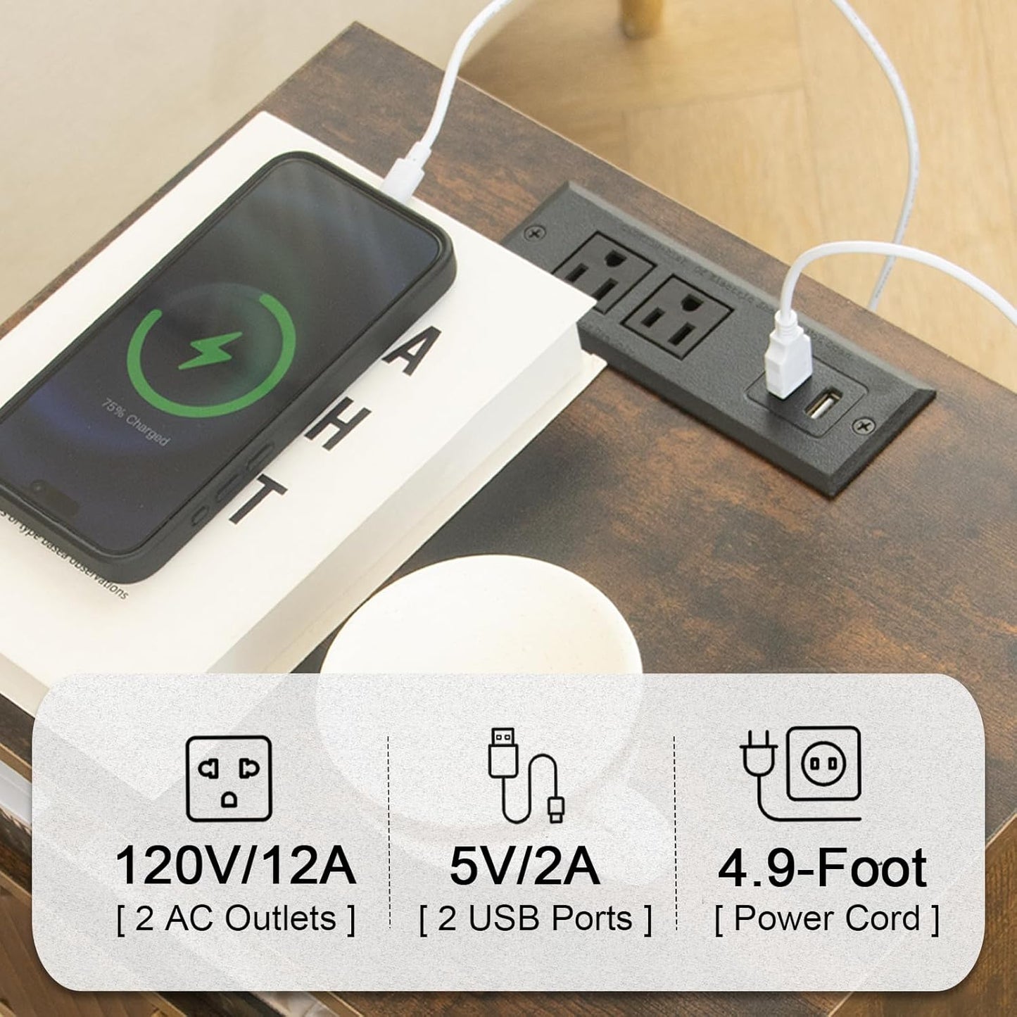 Mid Cetury Modern Nightstand with Charging Station, Fluted Bedside Table with Storage, Modern Side End Table with Solid Wood Legs for Bedroom, Dorm and Small Space (Rustic Brown)