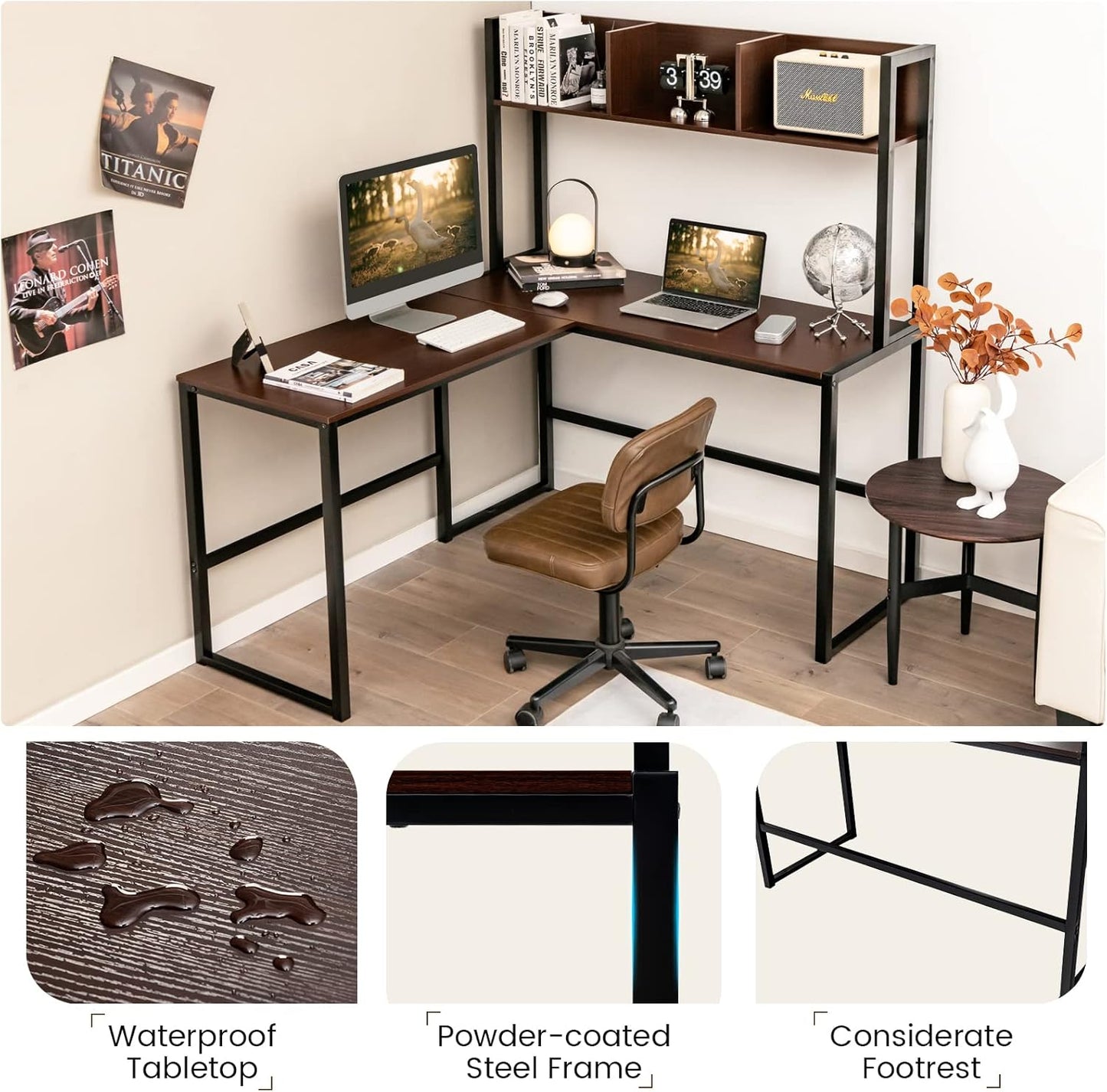 Tangkula Reversible L-Shaped Desk with Hutch, Space Saving Corner Computer Desk with Storage Shelves, Home Office Study Writing Desk Computer Workstation with Storage Bookshelf, Gaming Desk