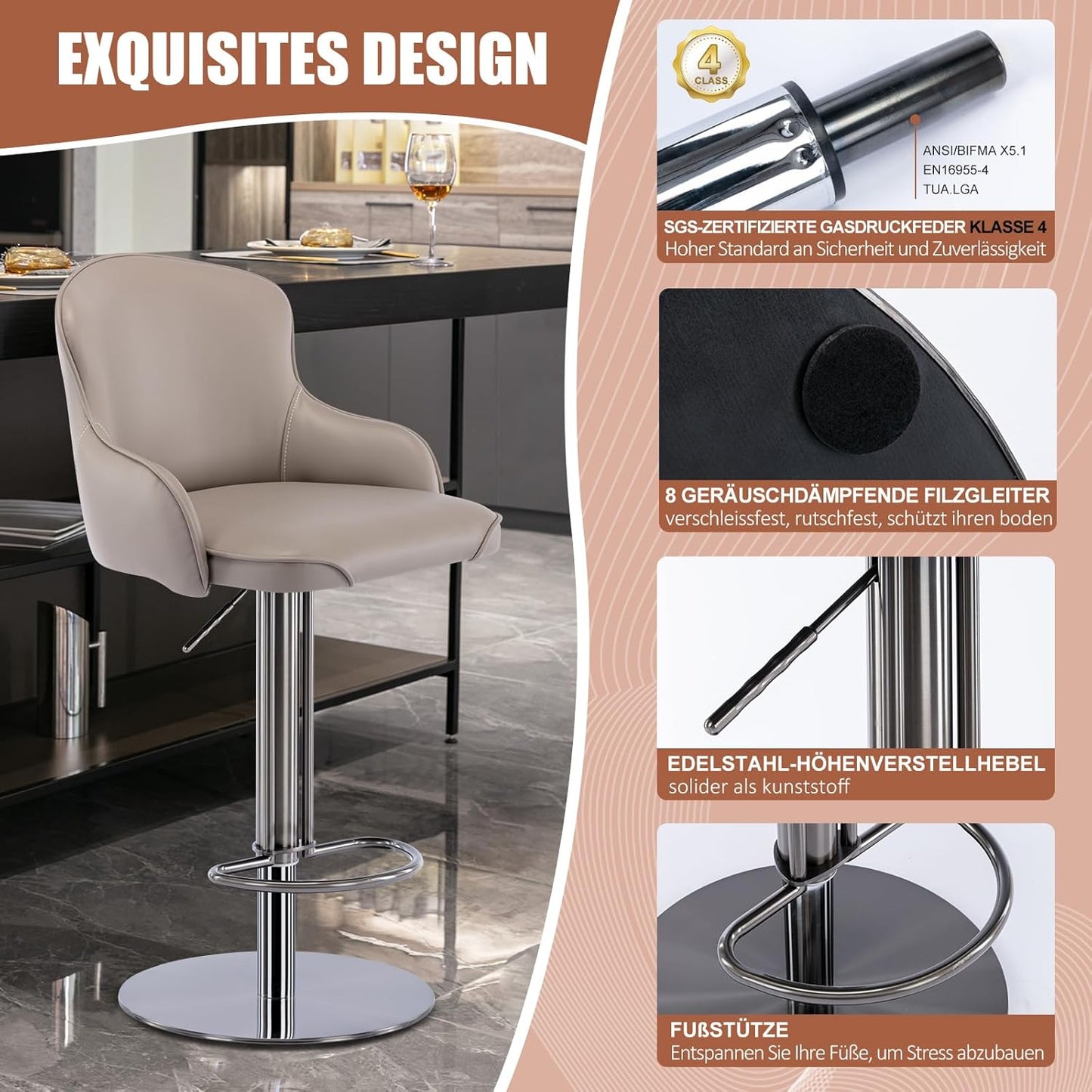 Black Titanium Stainless Steel Bar Stools,Grade Modern Leather Bar Chair with Backrest,Swivel Adjustable Height for Kitchen Counter and Dining Room (Grey leather-1pc)