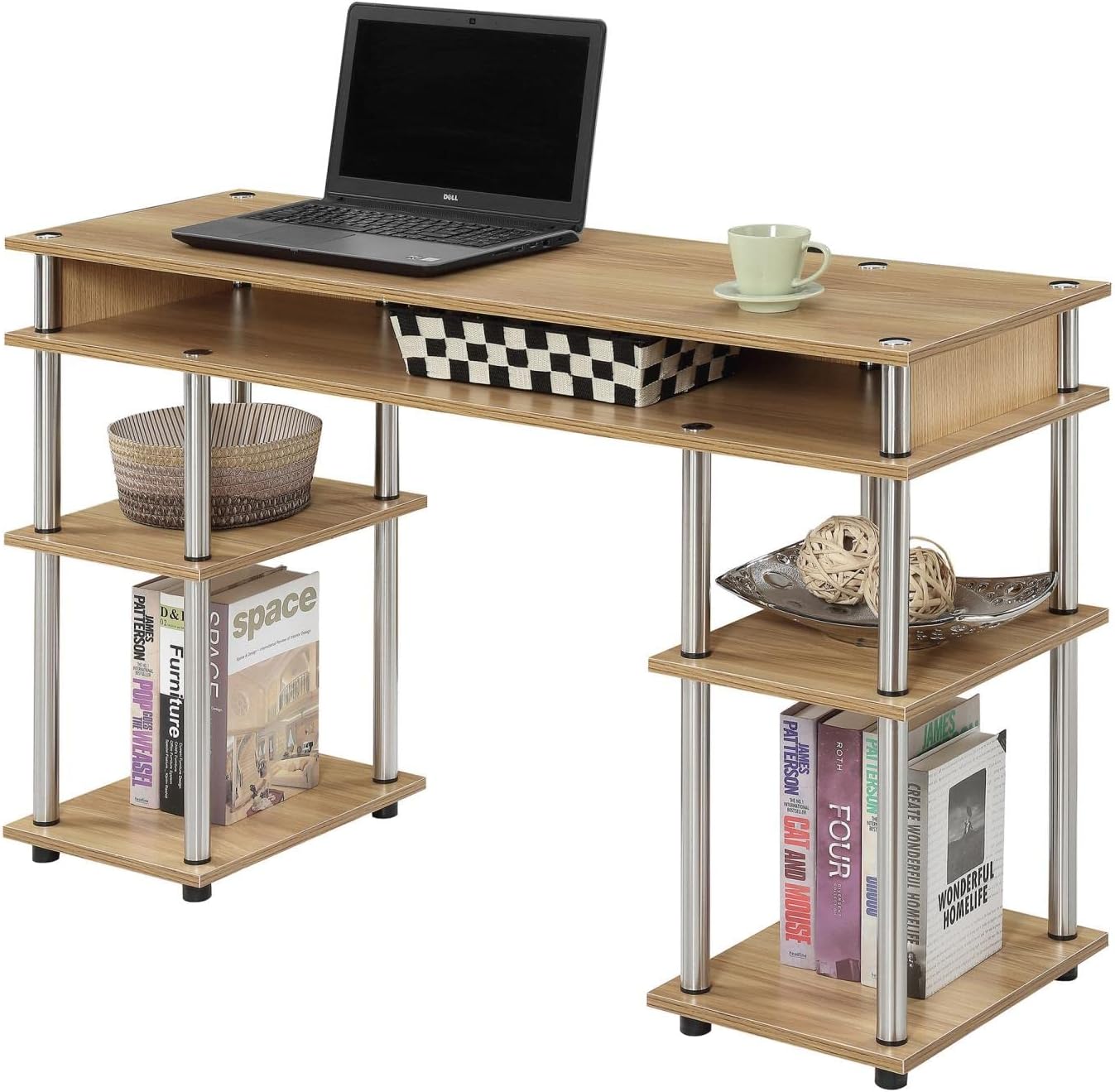 Convenience Concepts Designs2Go No Tools Desk Home Office Desk with Shelves, Corner Shelf Vanity Desk Computer Desk Nail Table for Nail Tech - 47.25" L x 15.75" W x 30" H, Light Oak