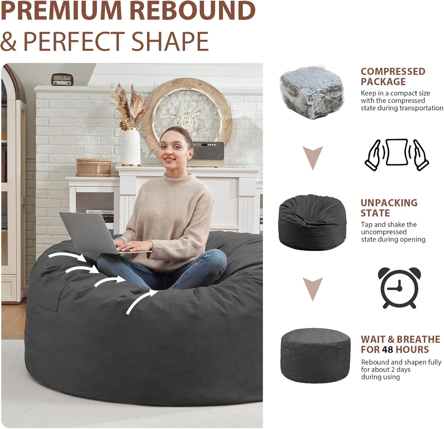 3FT Bean Bag Chair, Comfy Bean Bag Chairs with Memory Foam Filled, Fluffy Beanbag Sofa with Dutch Velvet Cover, Round BeanBag Chairs for Living Room, Playroom- Grey