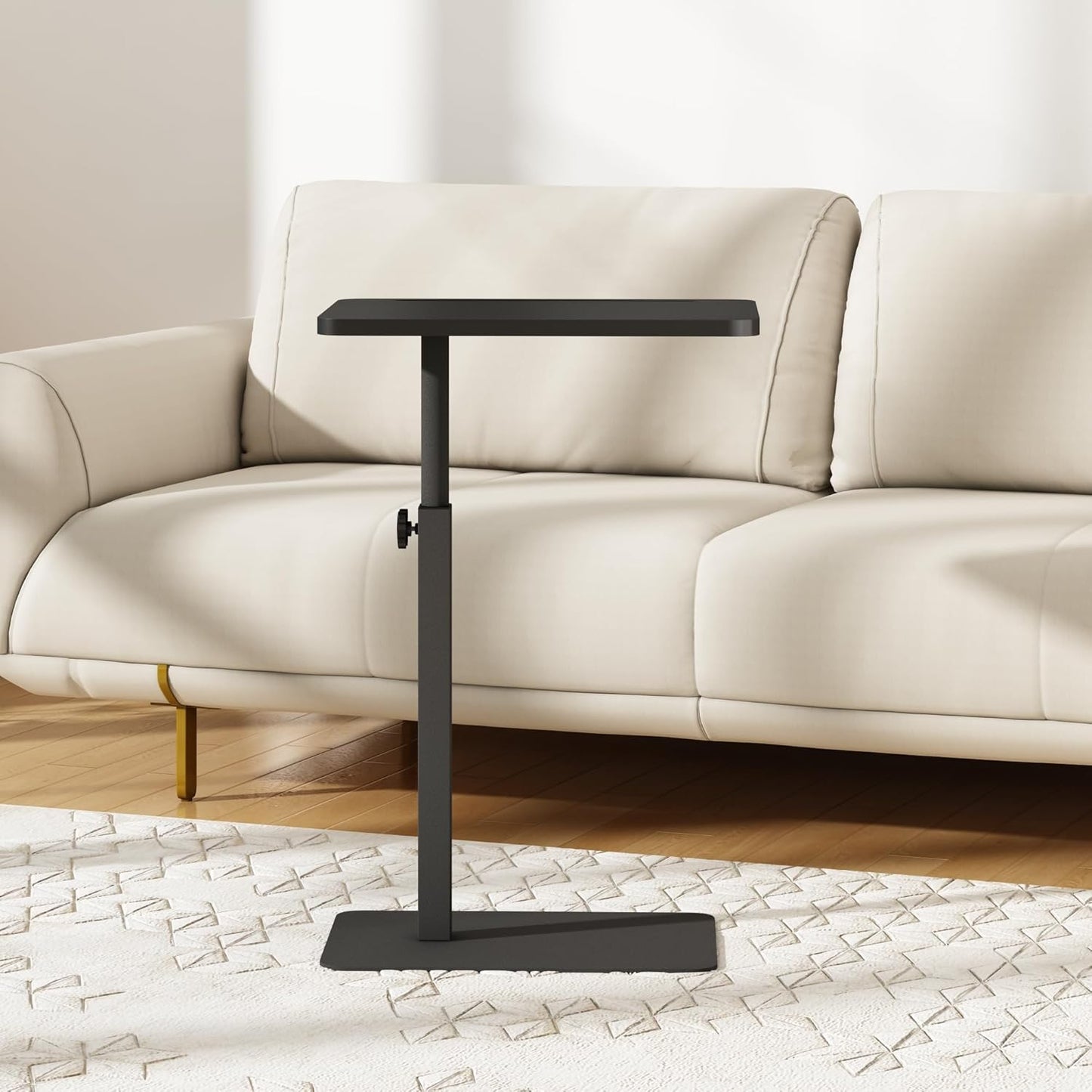 Forevich Bamboo Sofa Tray Table C Shaped Side End Table with Metal Base, Adjustable Height Swivel Snack Couch for Bed Small Spaces Living Room Black Table and Black Base