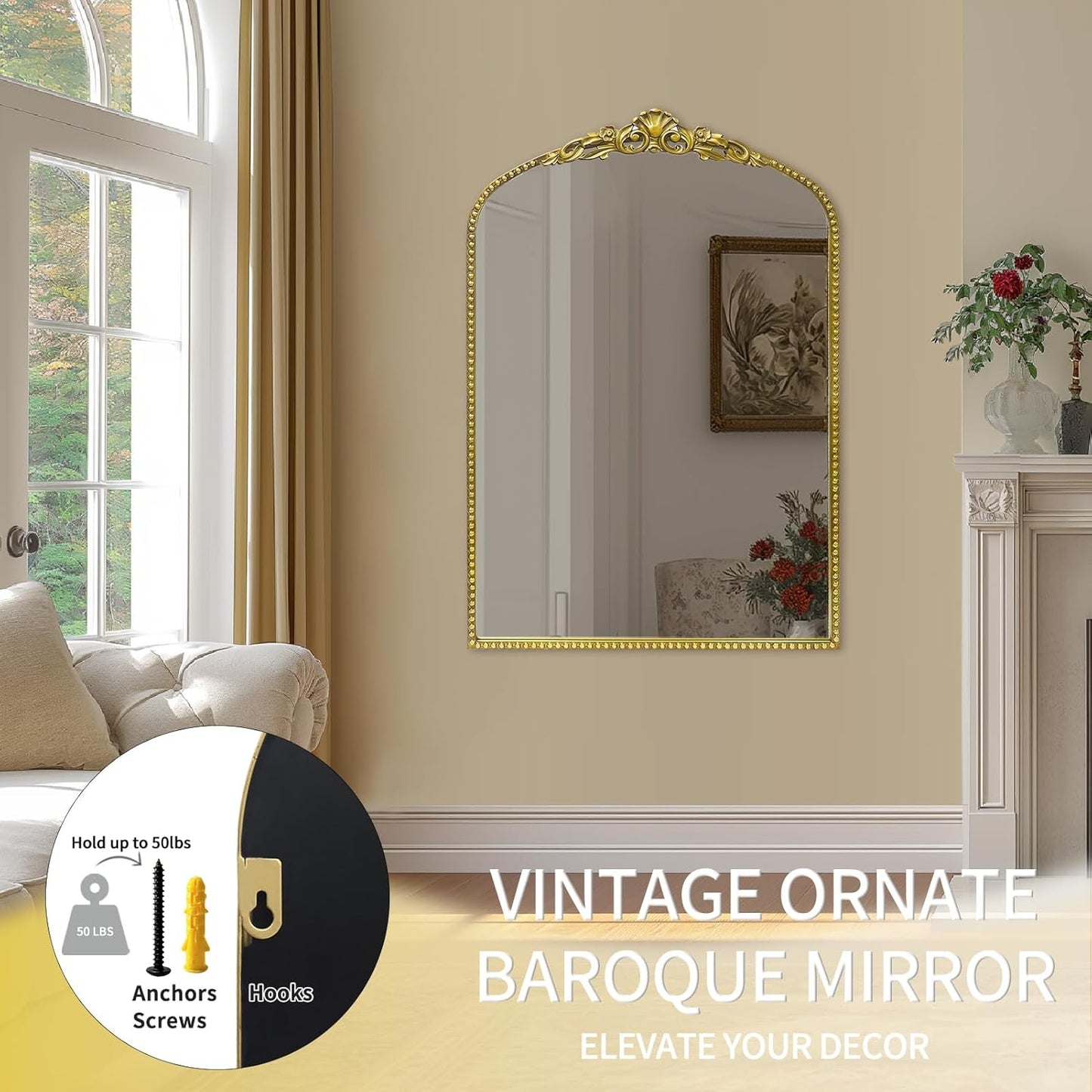 G-LEAF Vintage Baroque Mirror 24"X36", Arched Mantel Victorian Antique Farmhouse Mirror with Black Brush Gold Ornate Metal Frame for Fireplace Entryway Living Room Hallway Bathroom