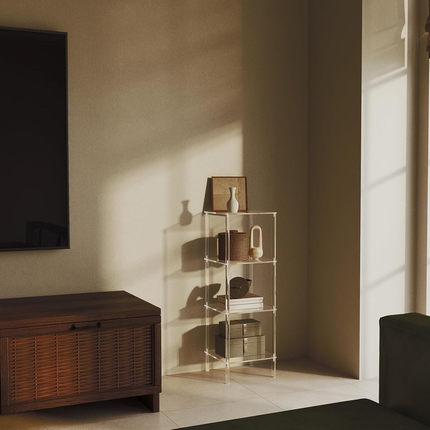 4 Tier Square Acrylic Bookshelf, Small Bookcase with Acrylic Fittings for Fixing to Wall, Corner Display Shelf for Living Room, Bedroom, Bathroom, Small Spaces, Clear, 11.6'' W x 34'' H