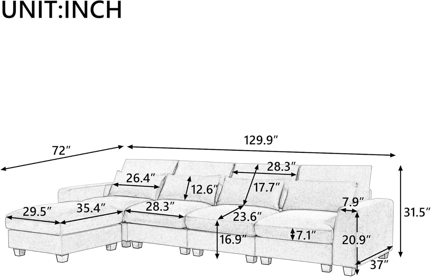 129.9 Inch Modern Oversized L-Shape Feather Filled Sectional Sofa with Ottoman, 5-Seater Modular Convertible Couch w/Reversible Chaise and 4 Pillows for Living Room, Apartment, Light Gray