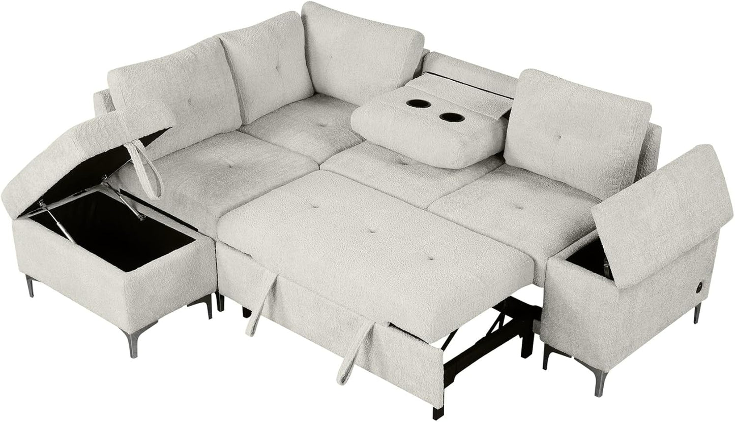 Ball & Cast 88.2" L-Shaped Sectional Pull Out Sofa with Ample Storage Space,Versatile Convertible Couch w/Two Cup Holders and Two USB Ports,Movable Storage Ottoman,for Living Room,Apartment,Beige