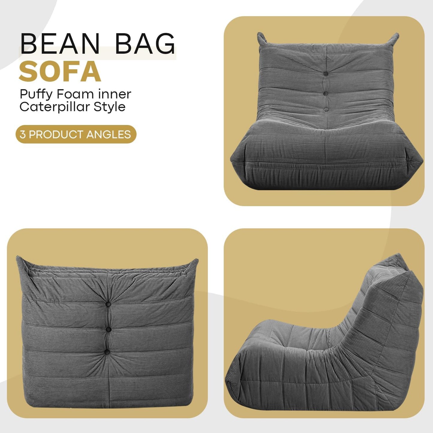 Bean Bag Chairs for Adults, Memory Foam Couch Sofa Chair,One-Piece Foam Padding,Cozy Corduroy Material Bean Bag Chair,Bean Bag Sofa for Reading in Bedroom Living Room and Dorms,Gray