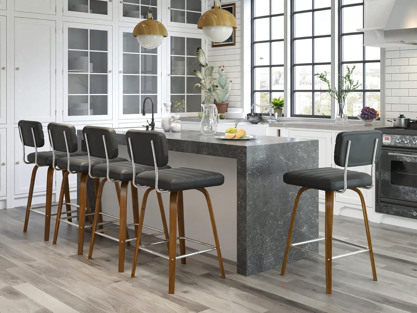 Counter Height Bar Stools Set of 2 Wood Swivel Bar Stools for Kitchen Island Modern Square Barstools with Leather Back Cushion Industrial Vintage Bar Chair Rustic Furniture for Home Pub 26 Inch Grey