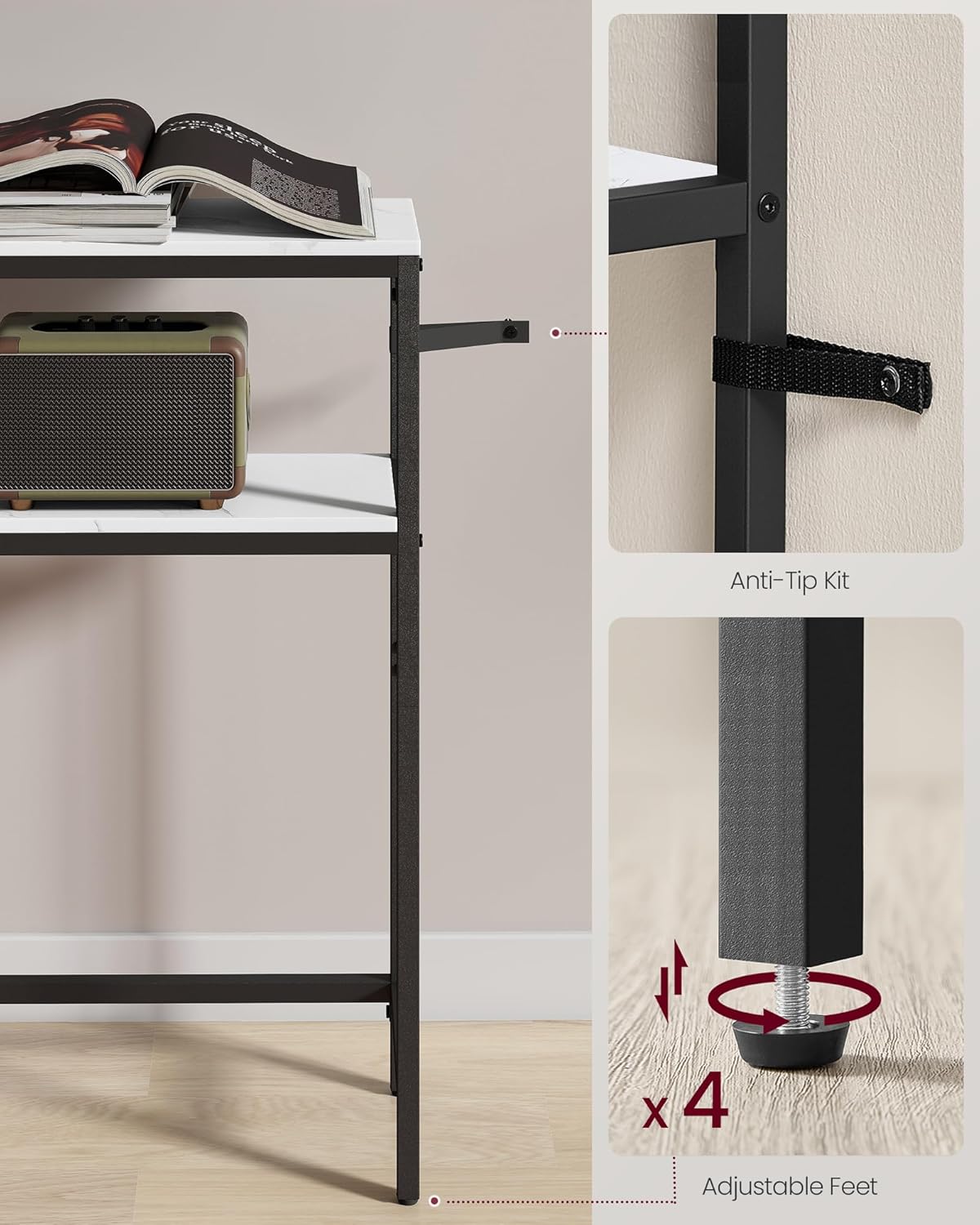 VASAGLE Console Table, 2-Tier Narrow Sofa Table with 2 Shelves, 7.9 x 31.5 x 31.5 Inches, for Living Room, Hallway, Entryway, Marble White and Ink Black ULNT130W59V1