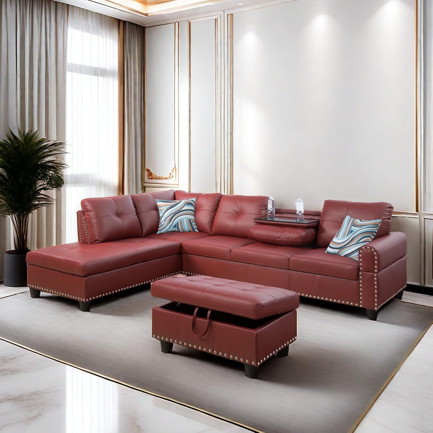 LeatherL Shaped Couch with Ottoman, Modern Nail-Head Design Comfy Sectional Sofa with Cup Holder & Chaise for Living Room, Bedroom, Office, Red