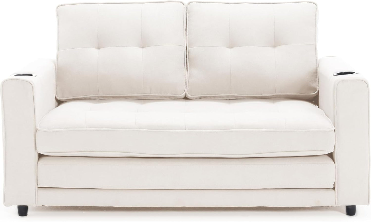 ERYE Modern Upholstered Loveseat Sofa Foldable Convertible Floor Sofabed W/Cupholders and Pockets, 3 Fold Tufted Futon Lounge Sofa with Pull Out Sleeper Couch Bed for Living Room Bedroom Studio