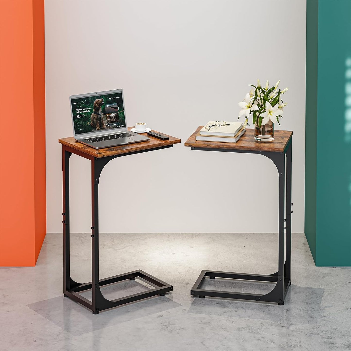 C-Shaped Side Table for Couch - Small Coffee Stand Sofa Tray Desk with Metal Frame and Waterproof Scratch Resistant, Modern End Accent for Living Room, Bedroom, Set of 2, Rustic Brown