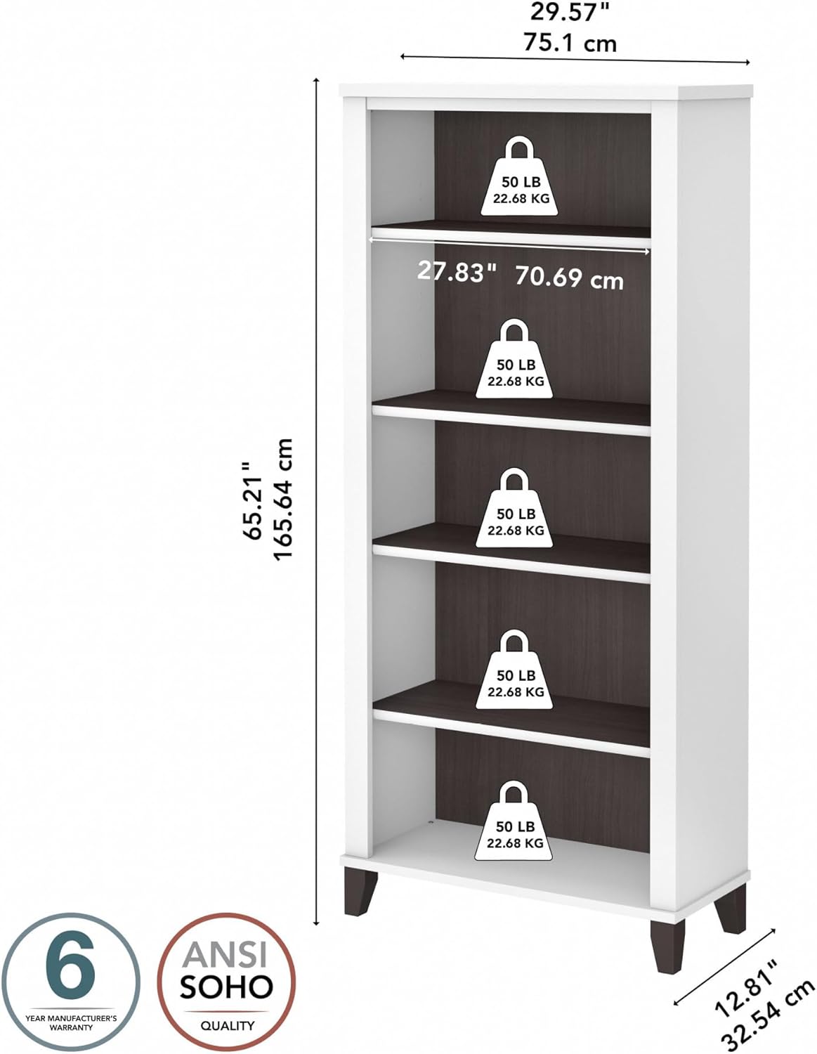 Bush Furniture Somerset 5 Shelf Bookcase in Storm Gray, Tall Bookshelf, Large Book Shelf for Living Room, Home Office, or Entryway