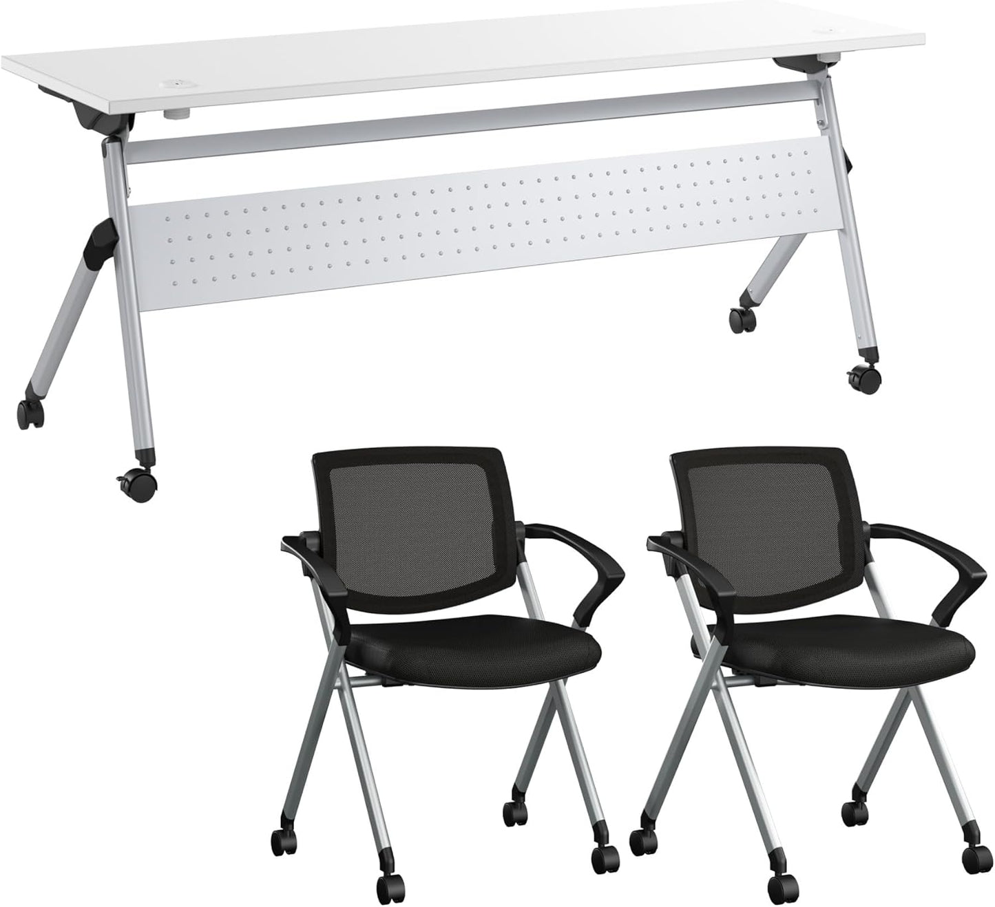 Bush Business Furniture Folding Training Table Set for 2, 72 inch Desk with Powered Grommets and 2 Chairs with Arms, Commercial-Grade Bundle for Office or Classroom, Envision Collection, White