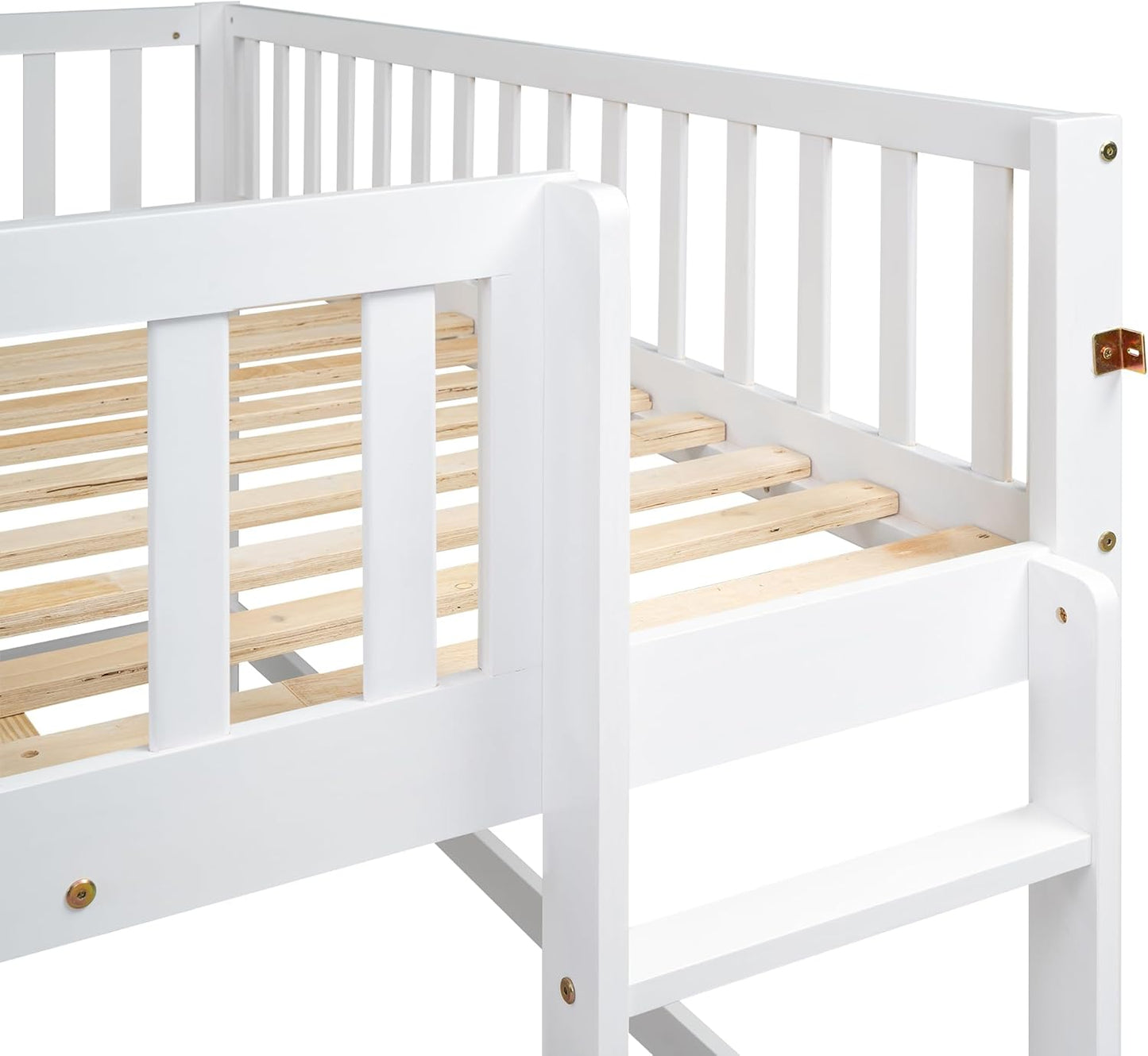 Full Size Low Loft Bed with Ladder and Slide,Vertical Design Wooden Bed Frame, for Kids and Young Teens, No Box Spring Required,Space-Saving,White