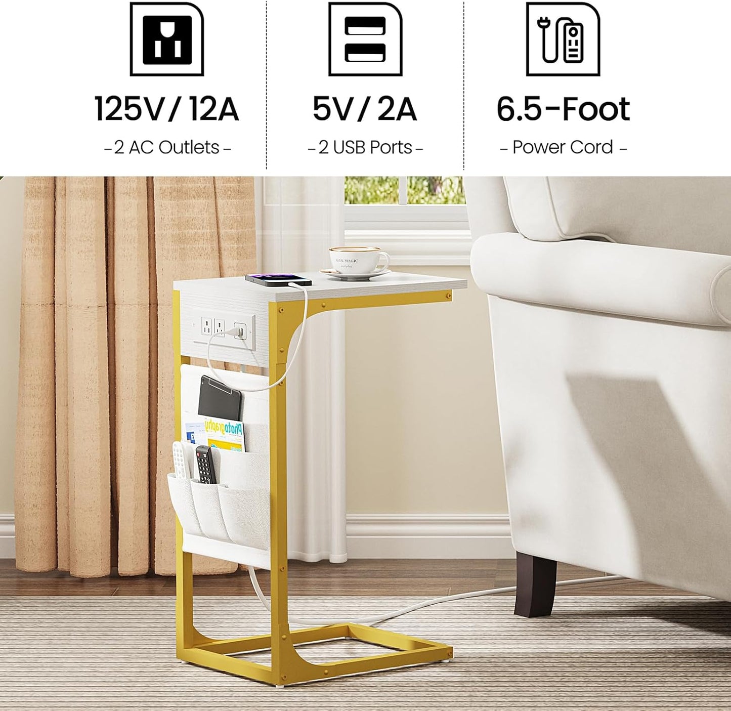 TUTOTAK C Shaped End Table with Charging Station, Side Table for Sofa, Couch Table with Storage Bag, Set of 2, TV Tray Table with 2 USB Ports and Outlets for Living Room, Bedroom, TB01BWG0242