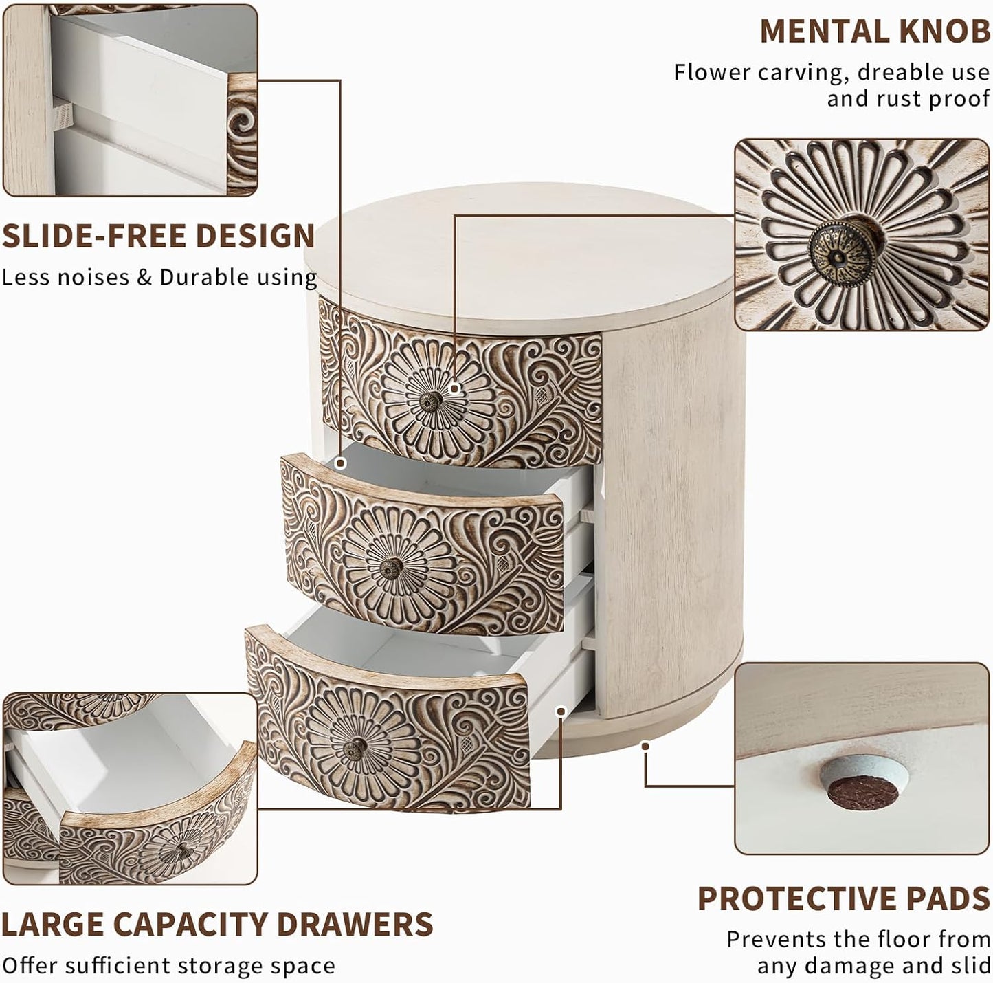 COSIEST 3 Drawer Chest of Drawers, 20 inch MDF Round Storage Cabinet, Retro Whitewash Finish Nightstand, Wood Bedside Table with Drawers for Bedroom Living Room,Light Gray