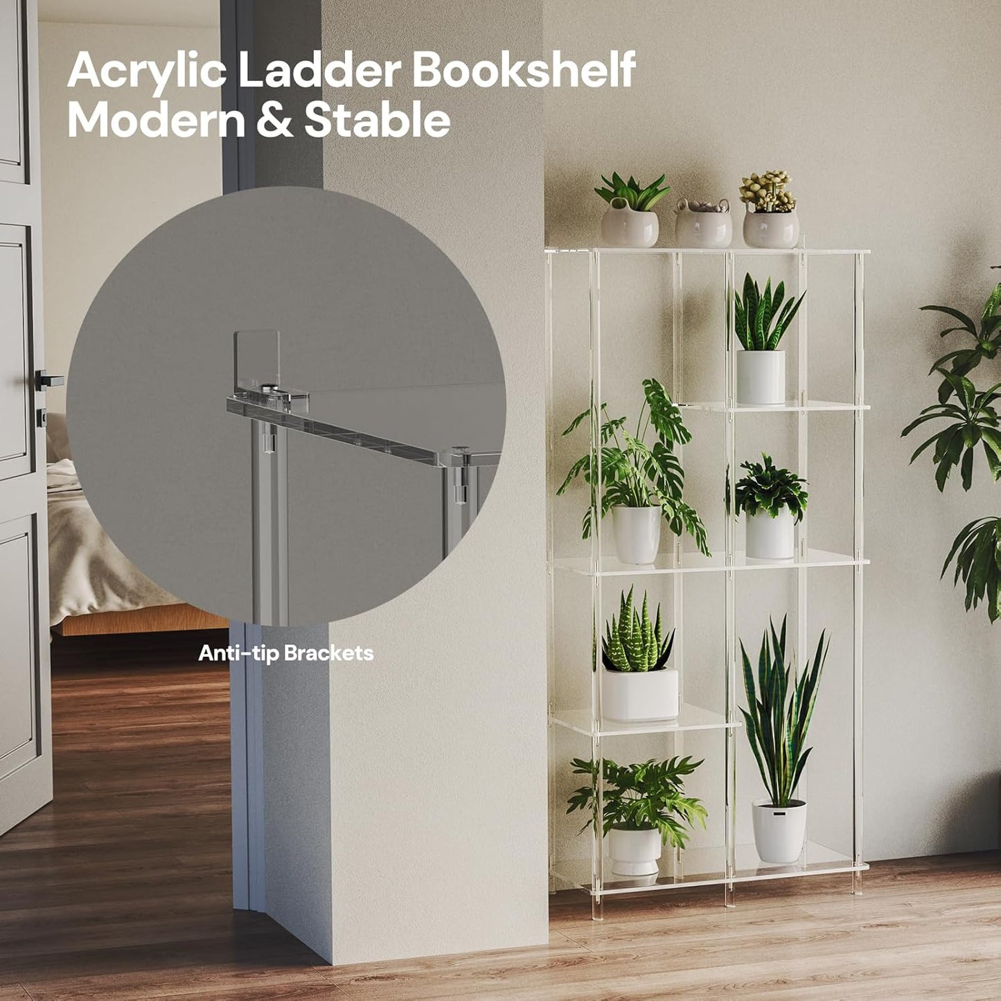 Acrylic 6-Cube Bookshelf, 11.8" D x 23.6" W x 50.8" H, 5-Tier Clear Geometric Bookcase, Modern Open Display Book Shelf for Living Room, Bedroom, Office, Easy Assembly