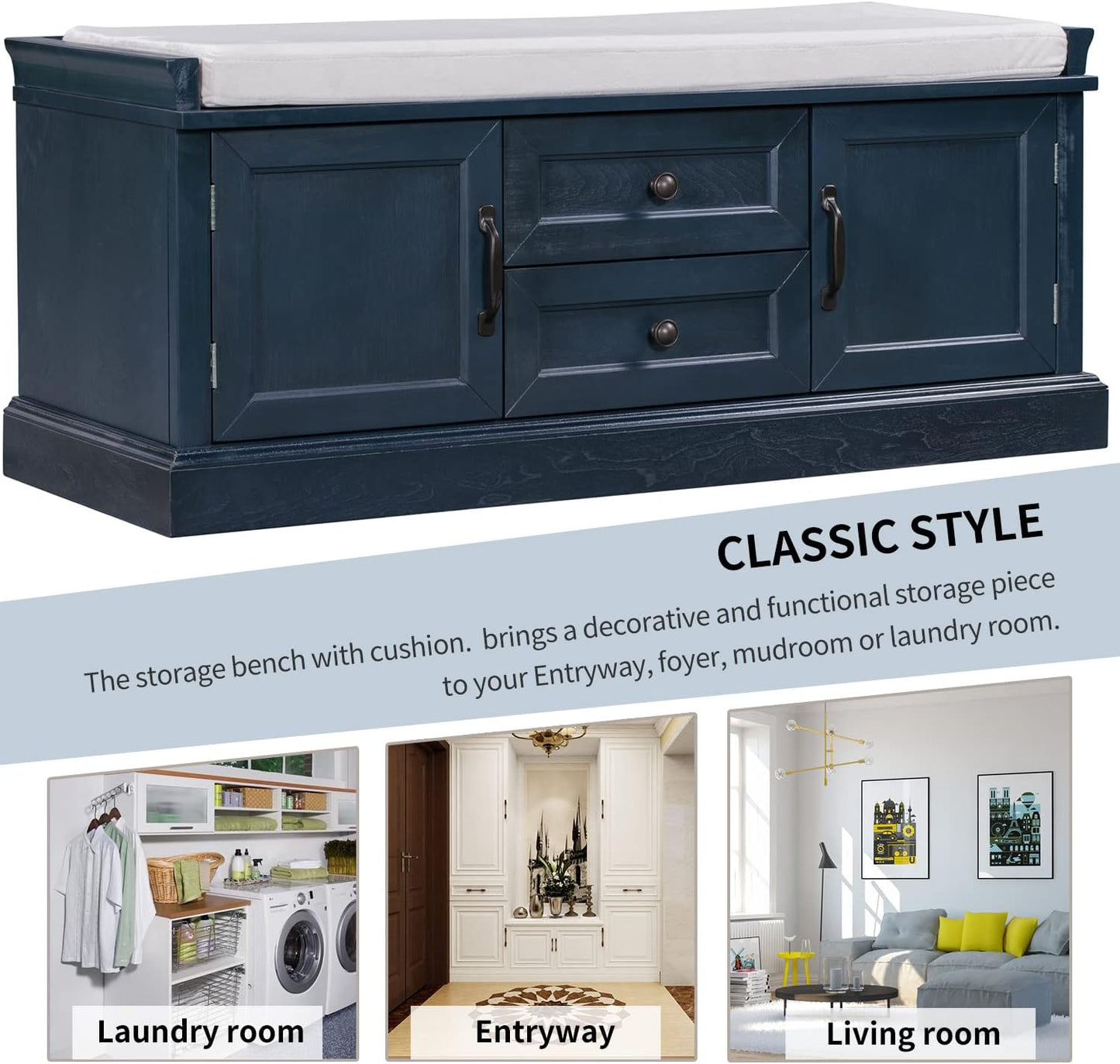 42″ Storage Bench with 2 Drawers and 2 Cabinets,Multipurpose Entryway Shoe Rack W/Removable Cushion,for Living Room Hallway Porch,Antique Navy