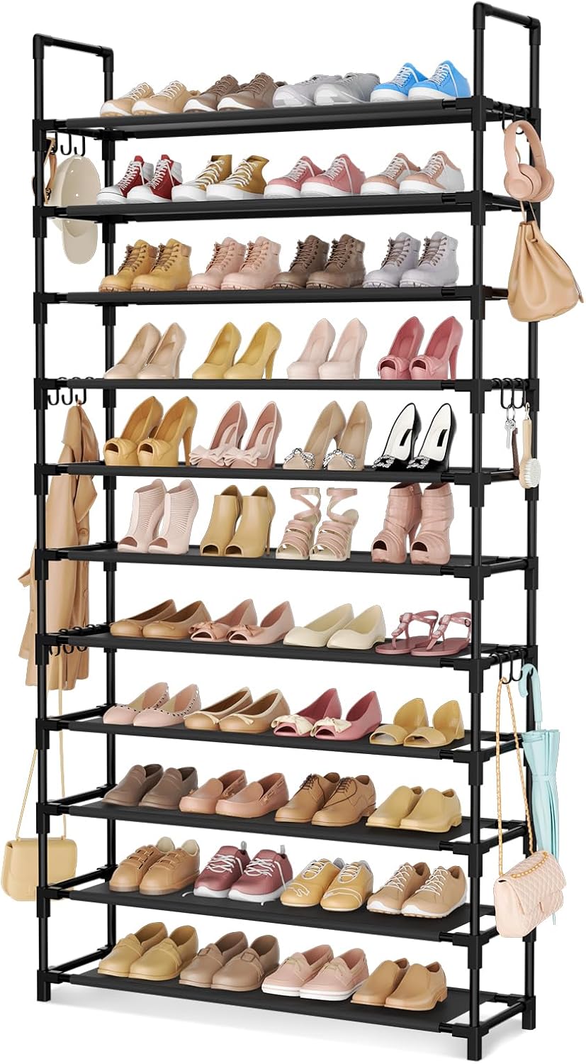 11 Tiers Tall Shoe Rack Holds 55 Pairs of Shoes with 18pcs Hooks Sturdy Wide Shoe Organizer Storage Free Standing Metal Shoe Shelf for Closet, Entryway Black