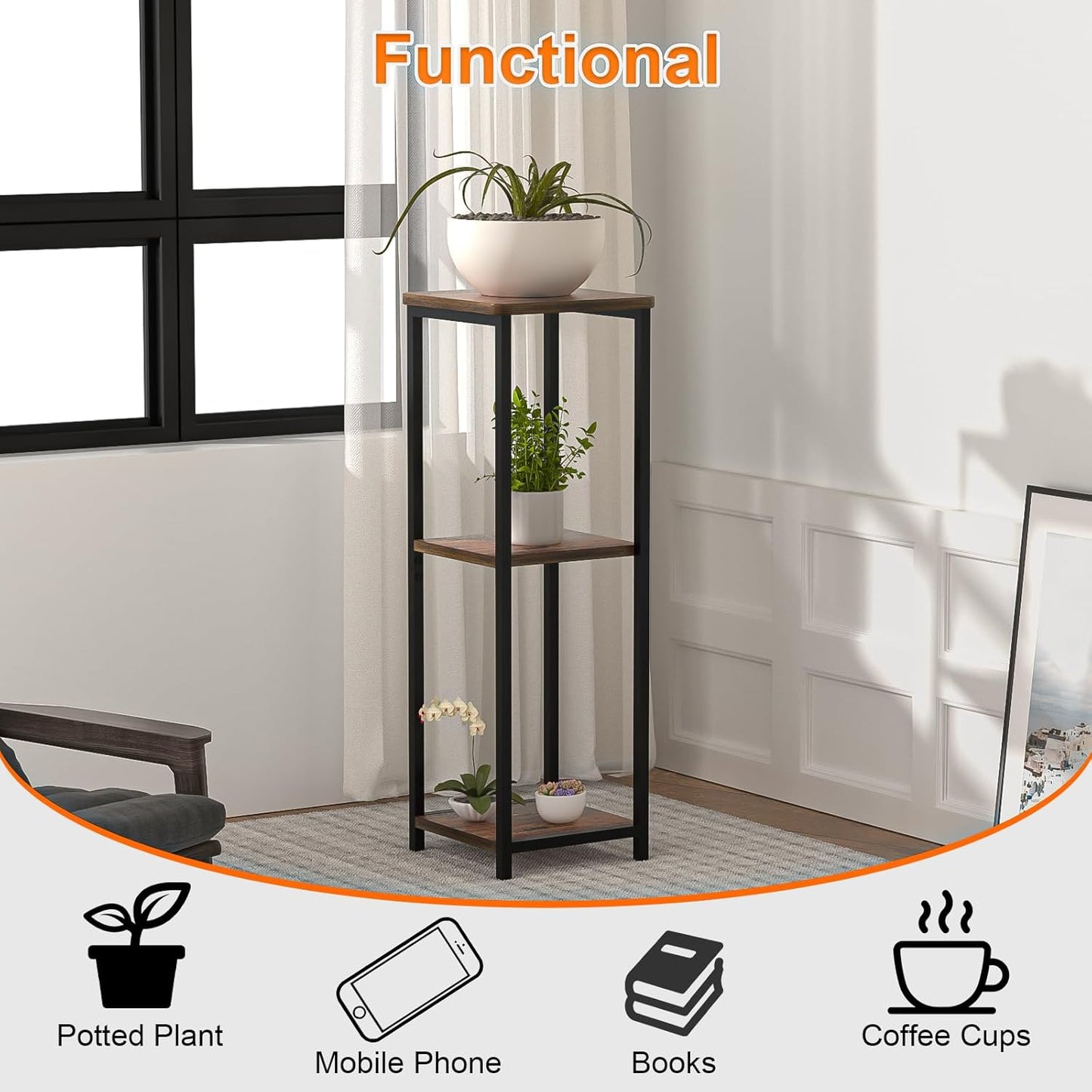 10" Wide Square Drink Table with Adjustable Feet - 3-Tier Small Side Table for Apartments, Balcony & Office | Space-Saving, Lightweight & Multi-Functional (Plants, Books, Drinks)