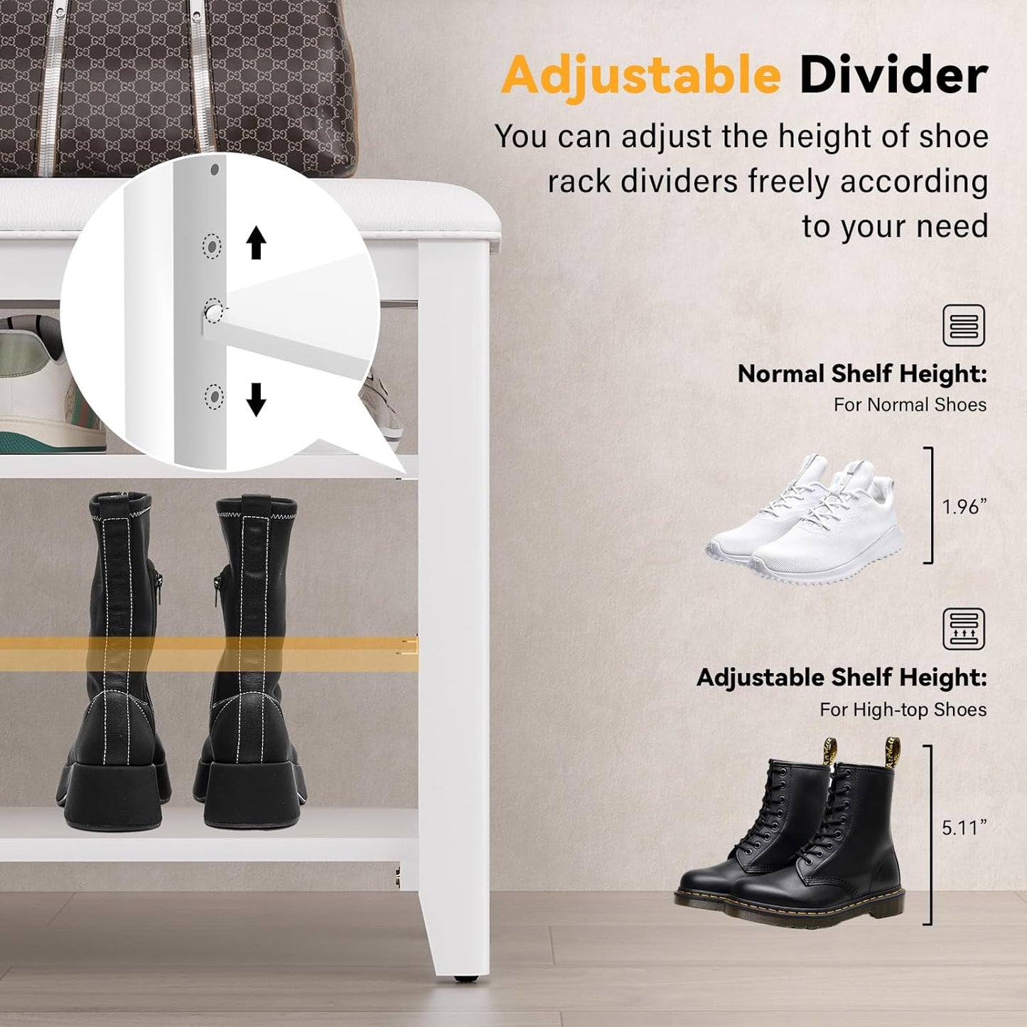 Entryway Shoe Storage Bench with Leather Cushion, Shoe Organizer Bench for Entryway, Ideal for Hallways Front Doors Entrances Mudrooms Featuring Rubberwood And 3 Height-Adjustable & Removable Shelve