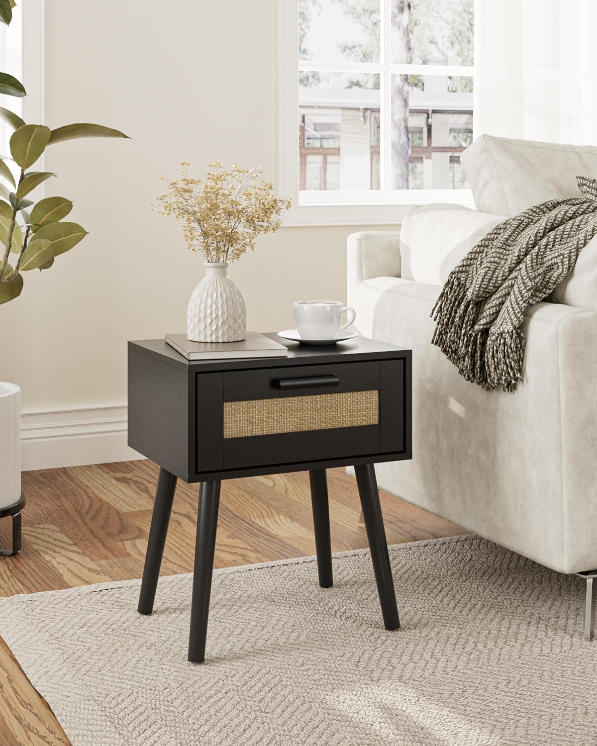 Bedroom Nightstands Wooden Night Stands with Rattan Weaving Drawer Home Bedside End Table for Bedroom Storage (Bohemian-Black)