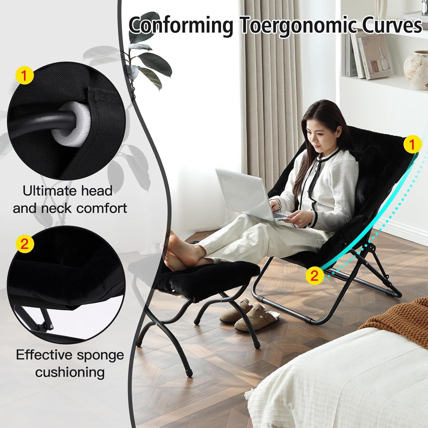 Welnow Comfy Saucer Chair with Ottoman, Oversized Folding Reading Chair for Adults with Throw Pillow Soft Faux Fur Lounge Chair for Bedroom Furry Accent Chair for Living Room, Dorm Rooms, Black