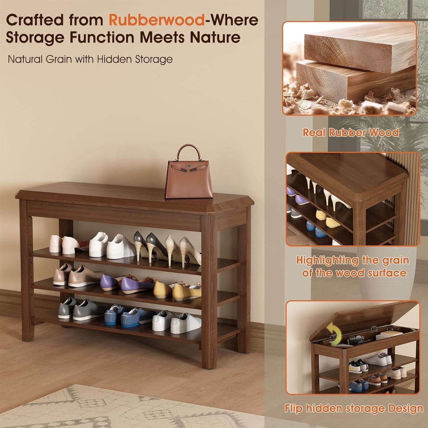 Shoe Rack Bench Seat Rubberwood 3-Tier Wooden Storage Bench 550lbs Compact Mid-Century Modern Design for Entryway, Hallway, Closet, Front Door Entrance, Foyer