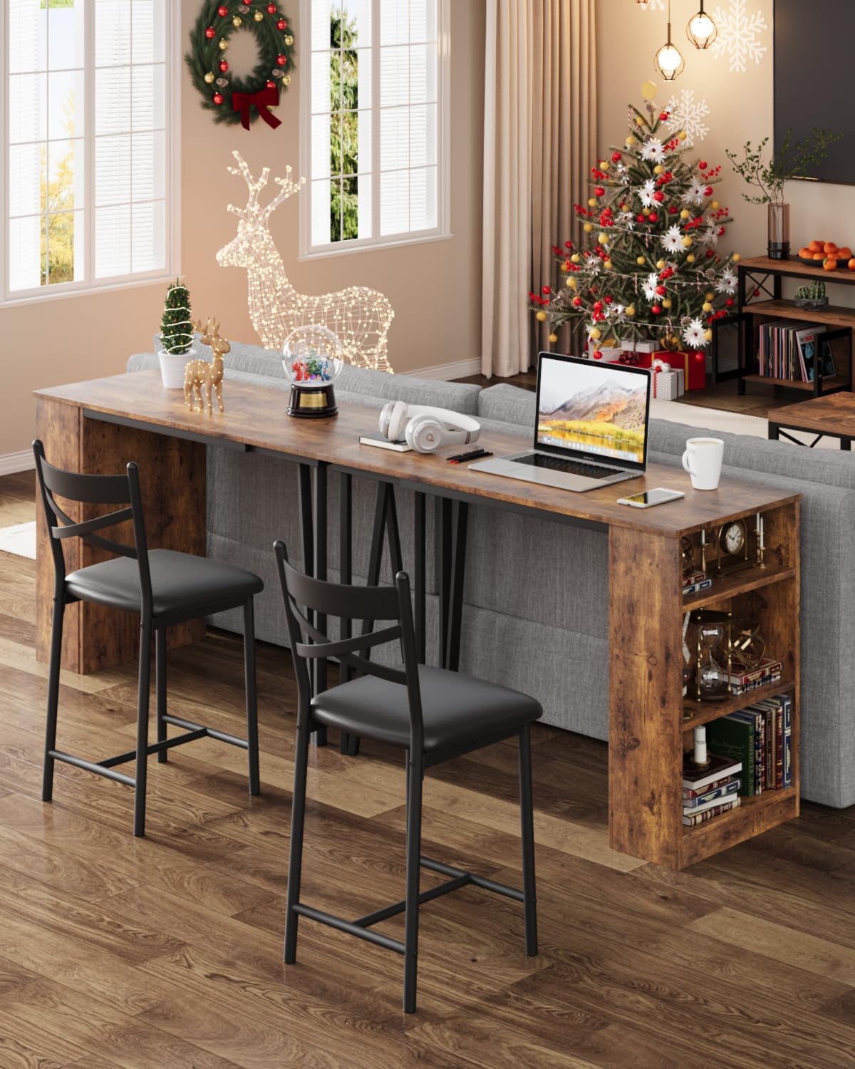 Garvee Bar Table and Chairs Set, 3 Piece Bar Table Set with with Flip Top Extension and Storage Shelves, Dining Table Set for 2, Suitable for Small Space Kitchen Apartment, Brown