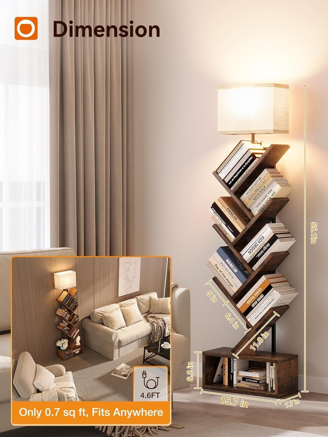 addlon 6-Tier Tree Bookshelf, Steel&Wood Corner Shelf with 3CCT Bulb,Small Book Shelf for Bedroom, Home Office&Living Room-Rustic Brown