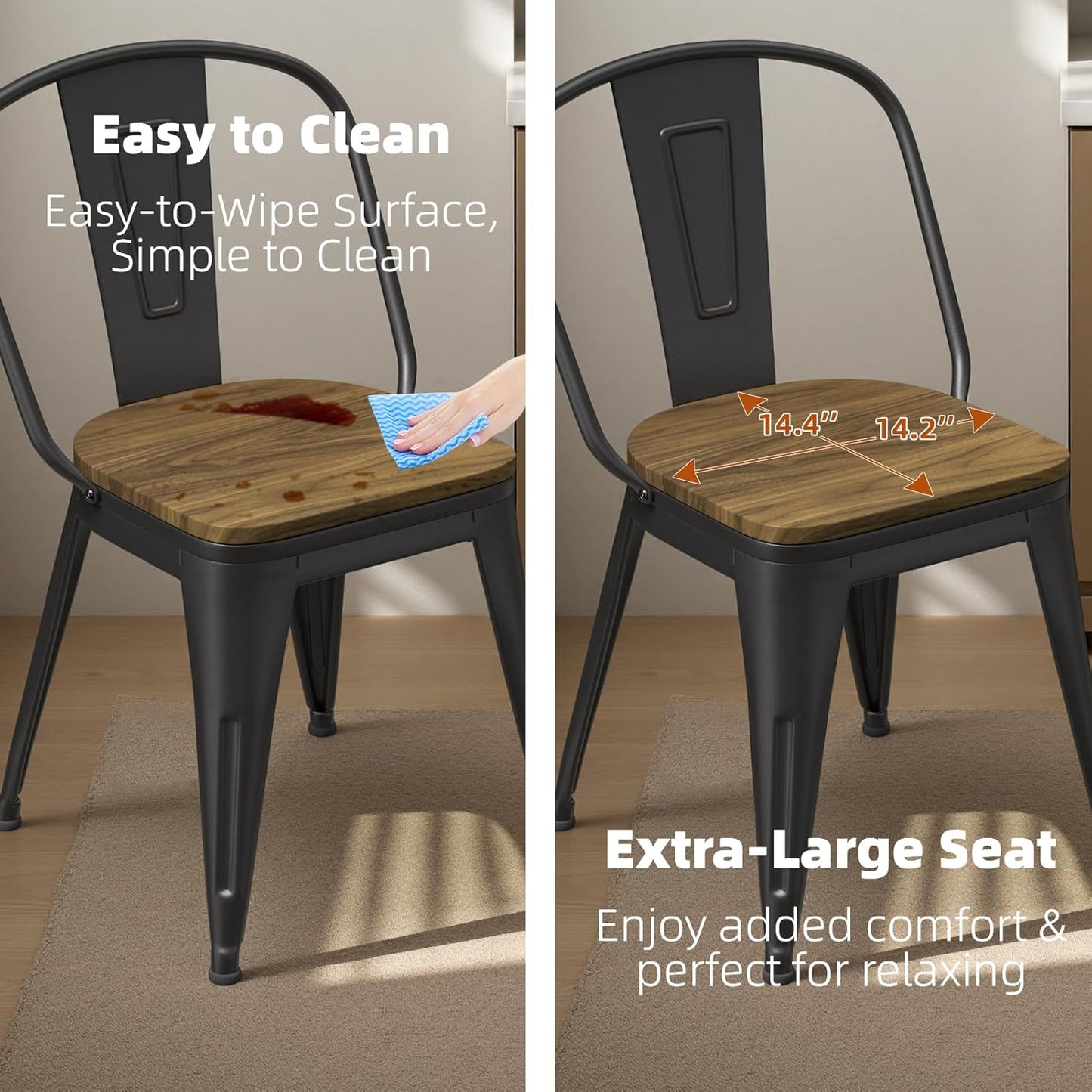 18 Inch Dining Chairs Set of 4, Farmhouse Metal Chairs with High Back and Wooden Seat, Stackable Industrial Bar stools for Dining Room(Black)