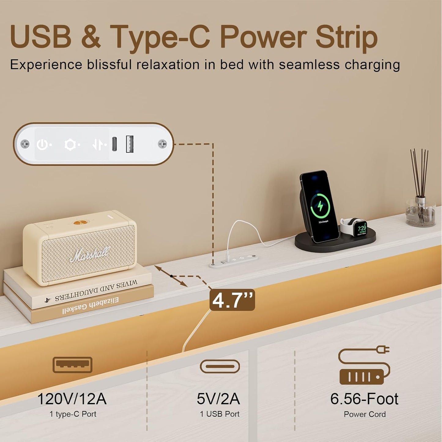 King Bed Frame with 4 Storage Drawers Bed Frame King Size with Headboard LED Lights Charging Station Metal Slats Platform Heavy-Duty Support No Box Spring Needed White