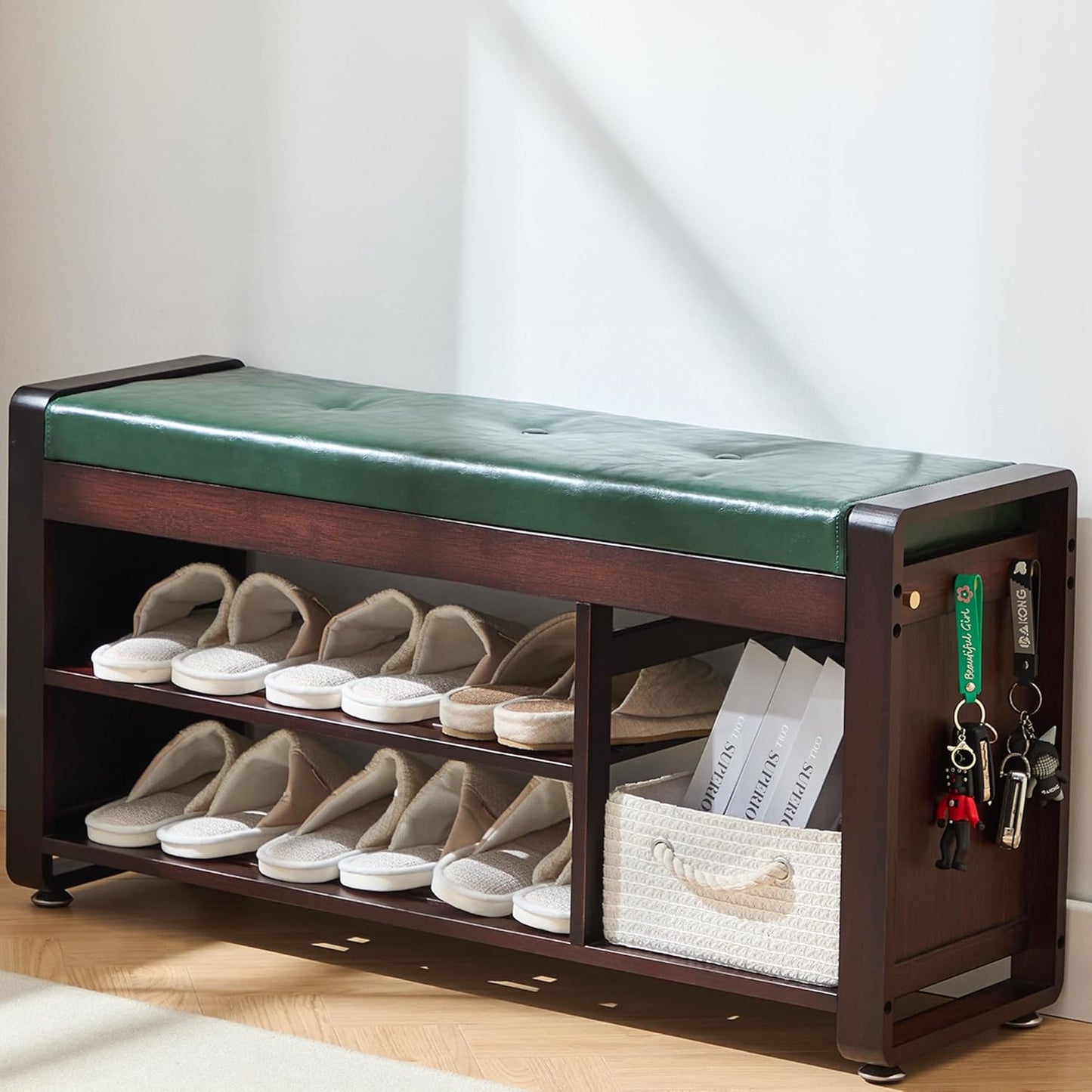 Nnewvante 37.4 inch Shoe Bench with Green Leather Cushion, 3-Tier Large Shoe Rack for Entryway Organizer, 100% Bamboo Ottoman Upholstered Bench for Hallway, Living Room, End of Bed Padded Bench