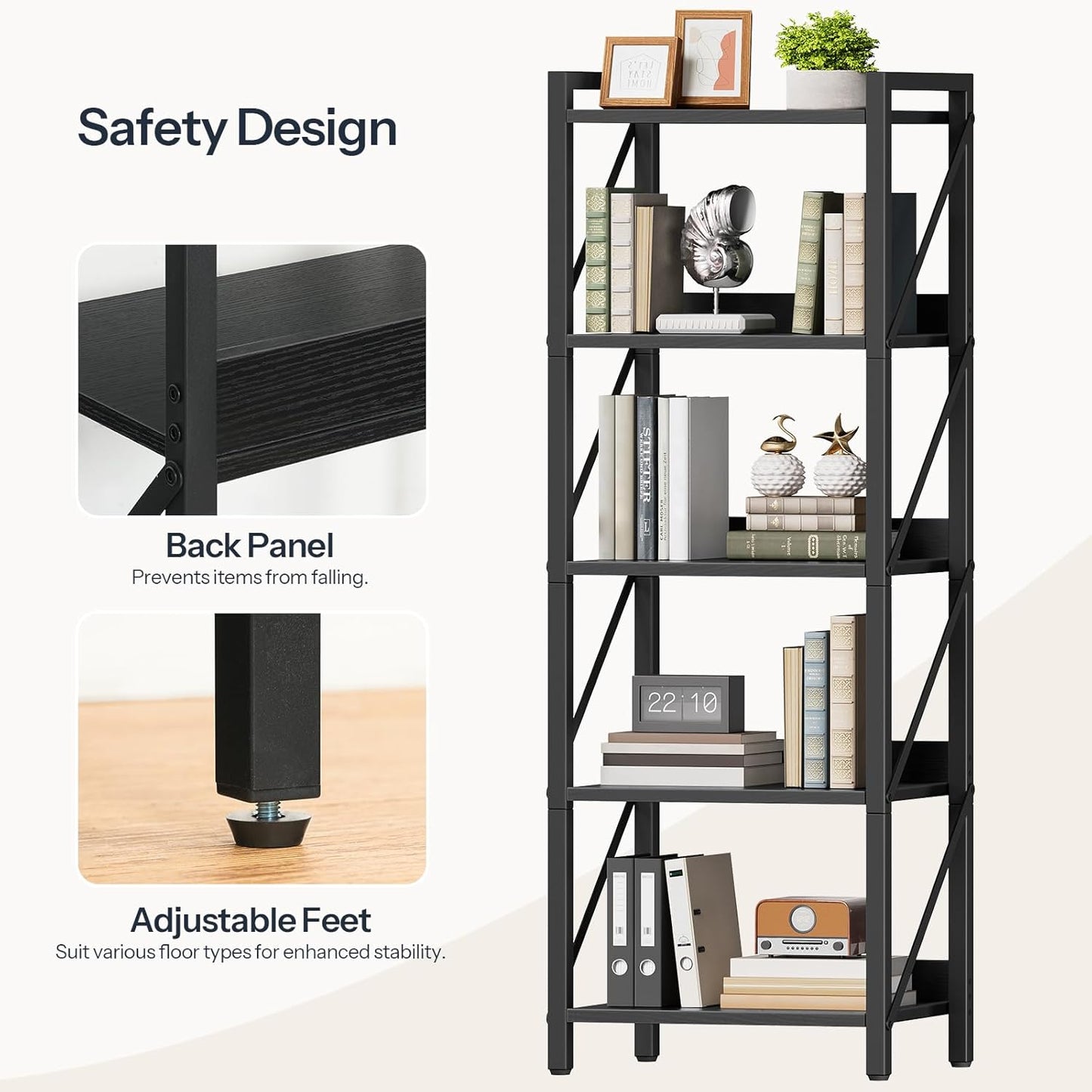 HOOBRO Bookshelf, 5-Tier Industrial Bookcase, Book Shelf Storage Organizer, Tall Bookshelf with Metal Frame for Living Room, Bedroom, Home Office, Kitchen, Black BB73SJ01