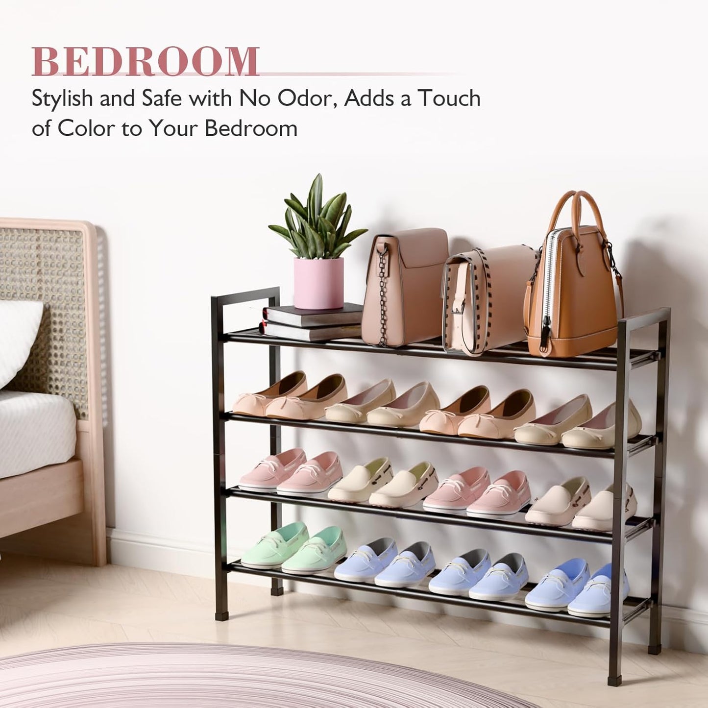 Bumusty 4-Tier Expandable Shoe Rack for Closet, 18“-33” Adjustable Shoe Rack for Small Space, Small Shoe Organizer for Front Door, Sturdy Metal, Dark Black