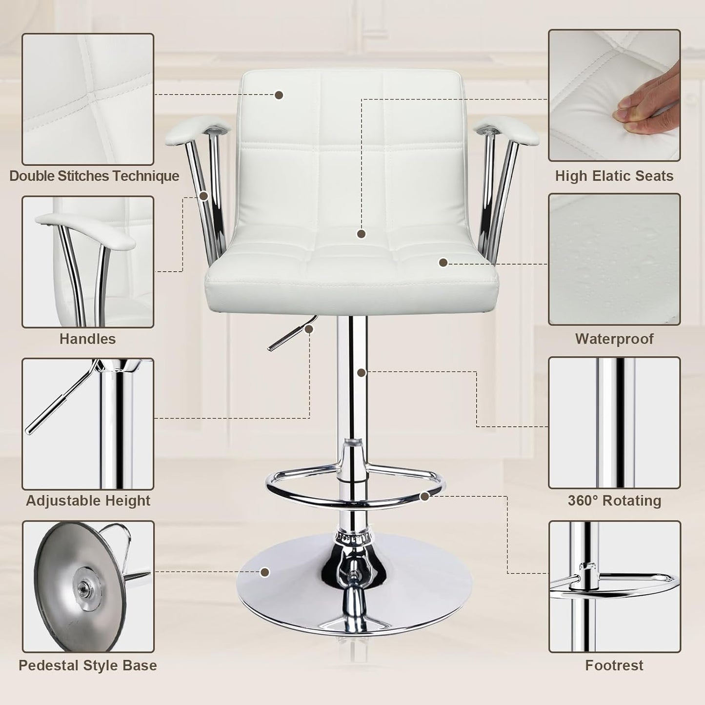 Bar Stools Set of 2,Armrest Adjustable Swivel Barstools with Back,Double Needle PU Leather Counter Height Bar Stools for Kitchen Island, White