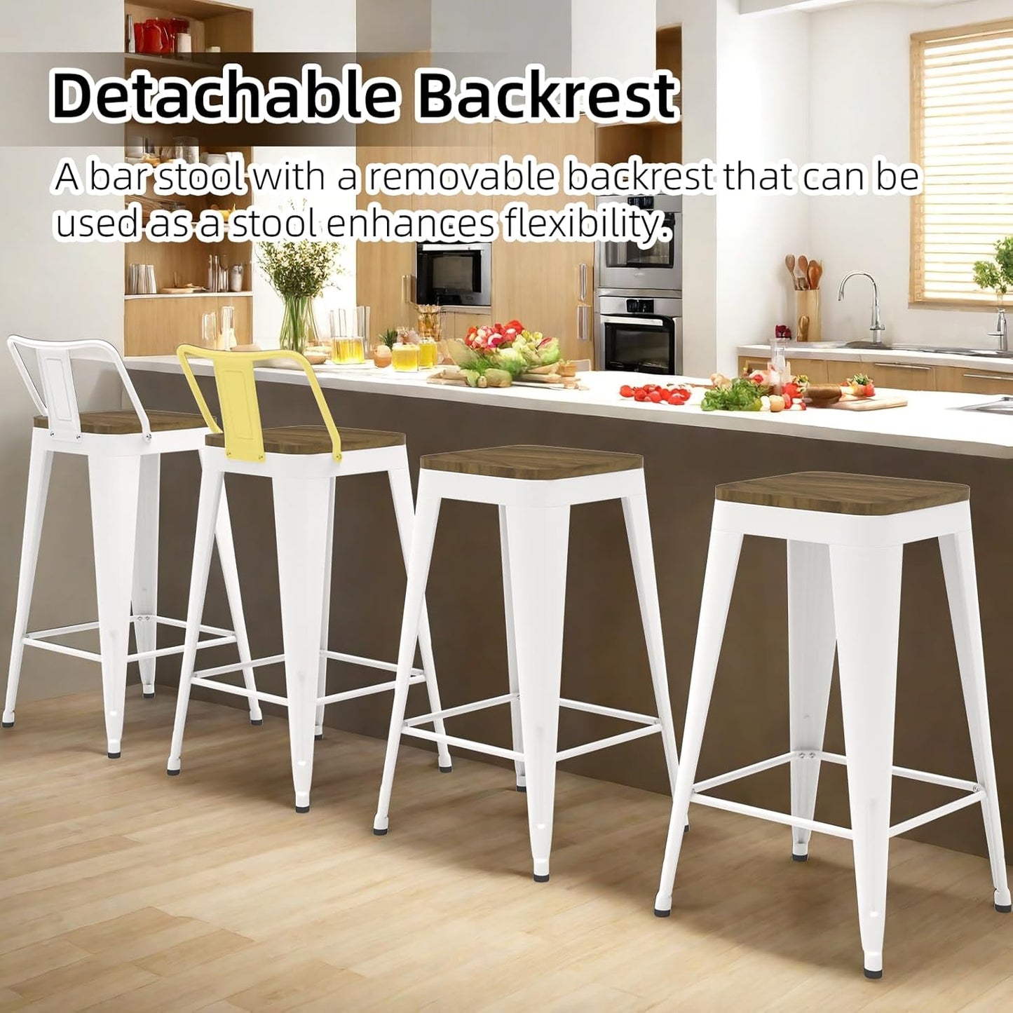 White Bar Stools Set of 4, Metal Bar Stools with Wooden Seat, Modern 30”Counter Height Barstools with Low Back