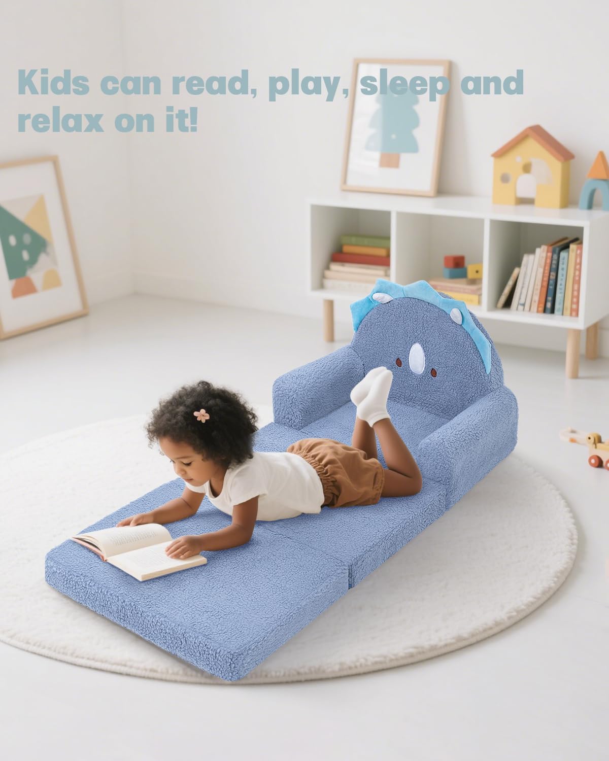 MOONBEEKI 2-in-1 Foldable Toddler Couch, Soft Sherpa Fabric with Washable Cover, Convertible Sofa to Lounger, Kids Sofa for Playroom, Bedroom, Living Room, Birthday Gift, Ages 1-3, Blue Triceratops