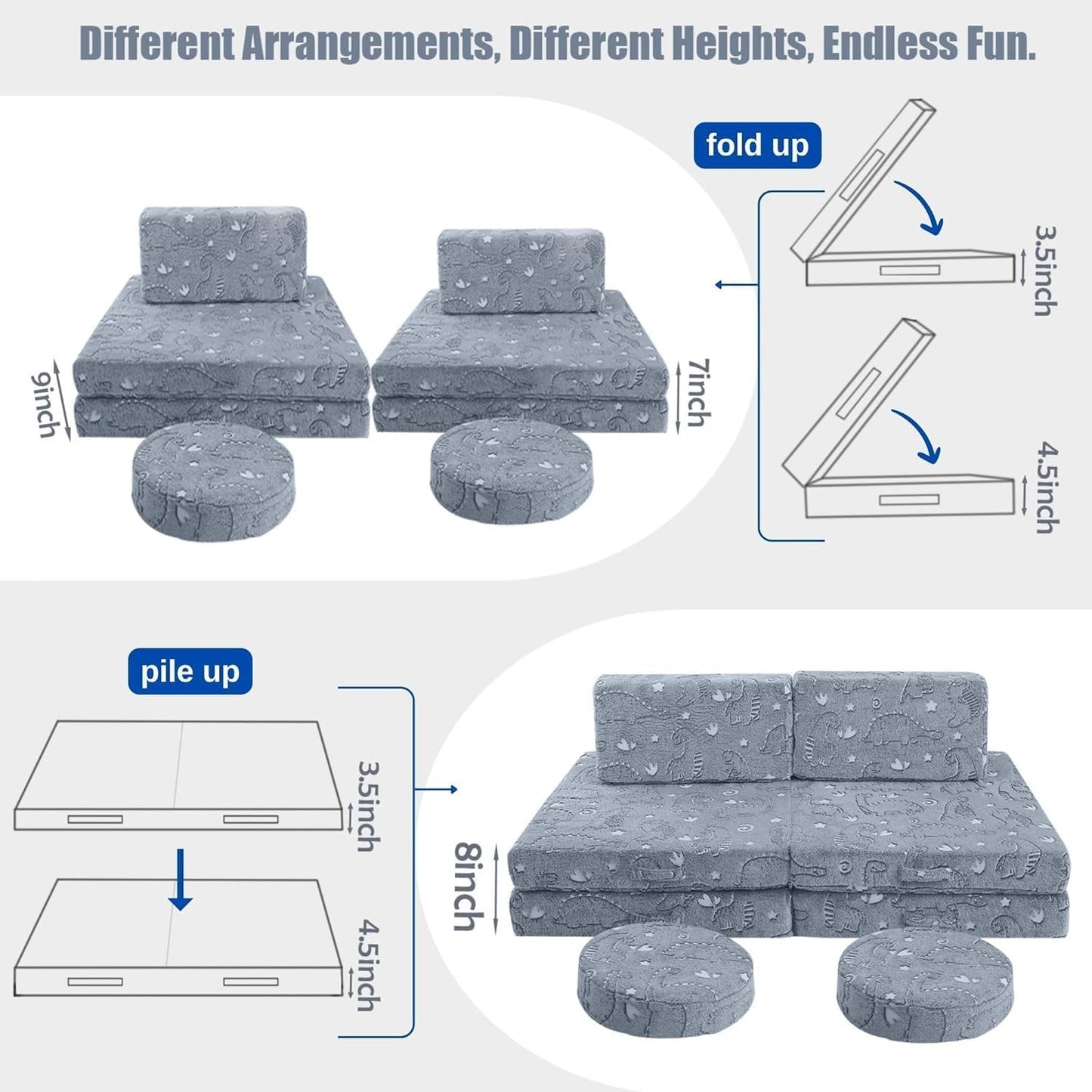 MeMoreCool 8-Piece Kids Modular Play Couch — Glow-in-The-Dark Dinosaur Foam Sofa Set for Toddlers, Convertible Fort Building Furniture with Washable Covers, Playroom Climbing & Creative Play Sofa