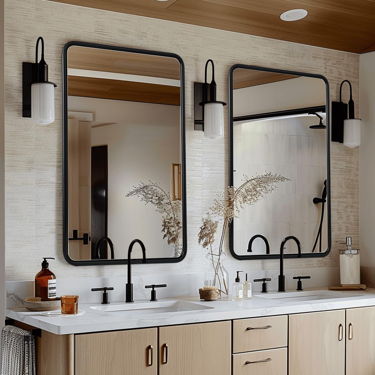 ANDY STAR Bathroom Mirror, 24x36 Inch Stainless Steel Metal Frame Black Rectangle Bathroom Mirror for Over Sink, Modern Rounded Corner Black Vanity Mirrors for Wall, Hangs Horizontally or Vertically