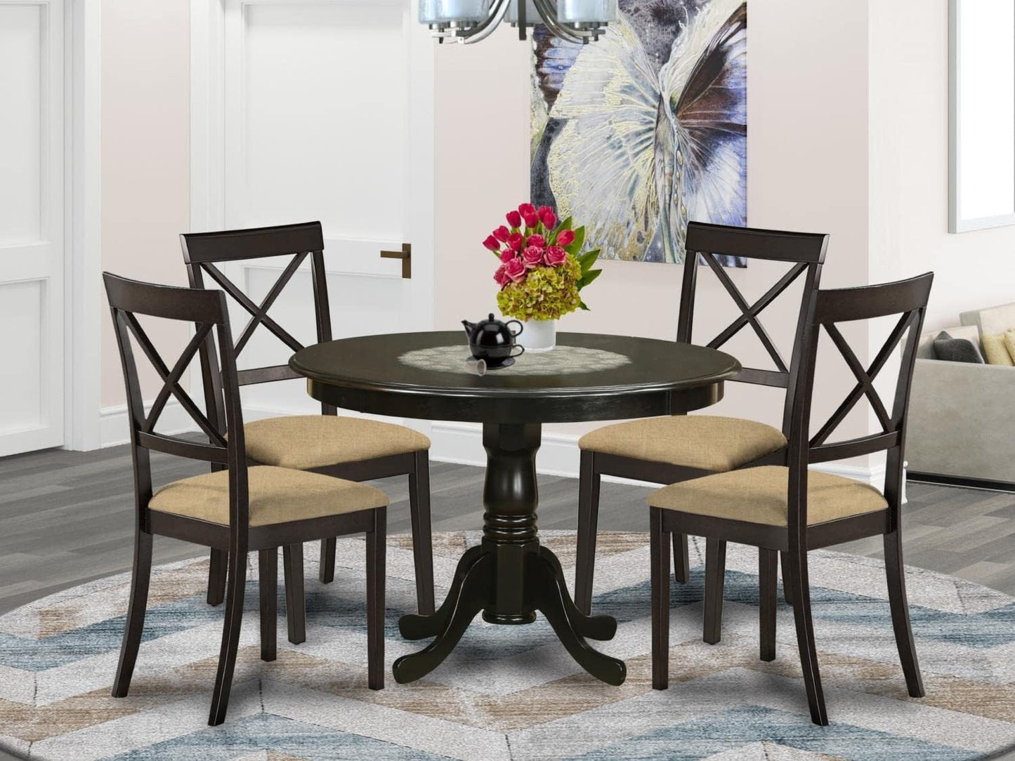 East West Furniture HLBO5-CAP-C 5 Piece Dining Room Furniture Set Includes a Round Dining Table with Pedestal and 4 Linen Fabric Upholstered Chairs, 42x42 Inch, Cappuccino
