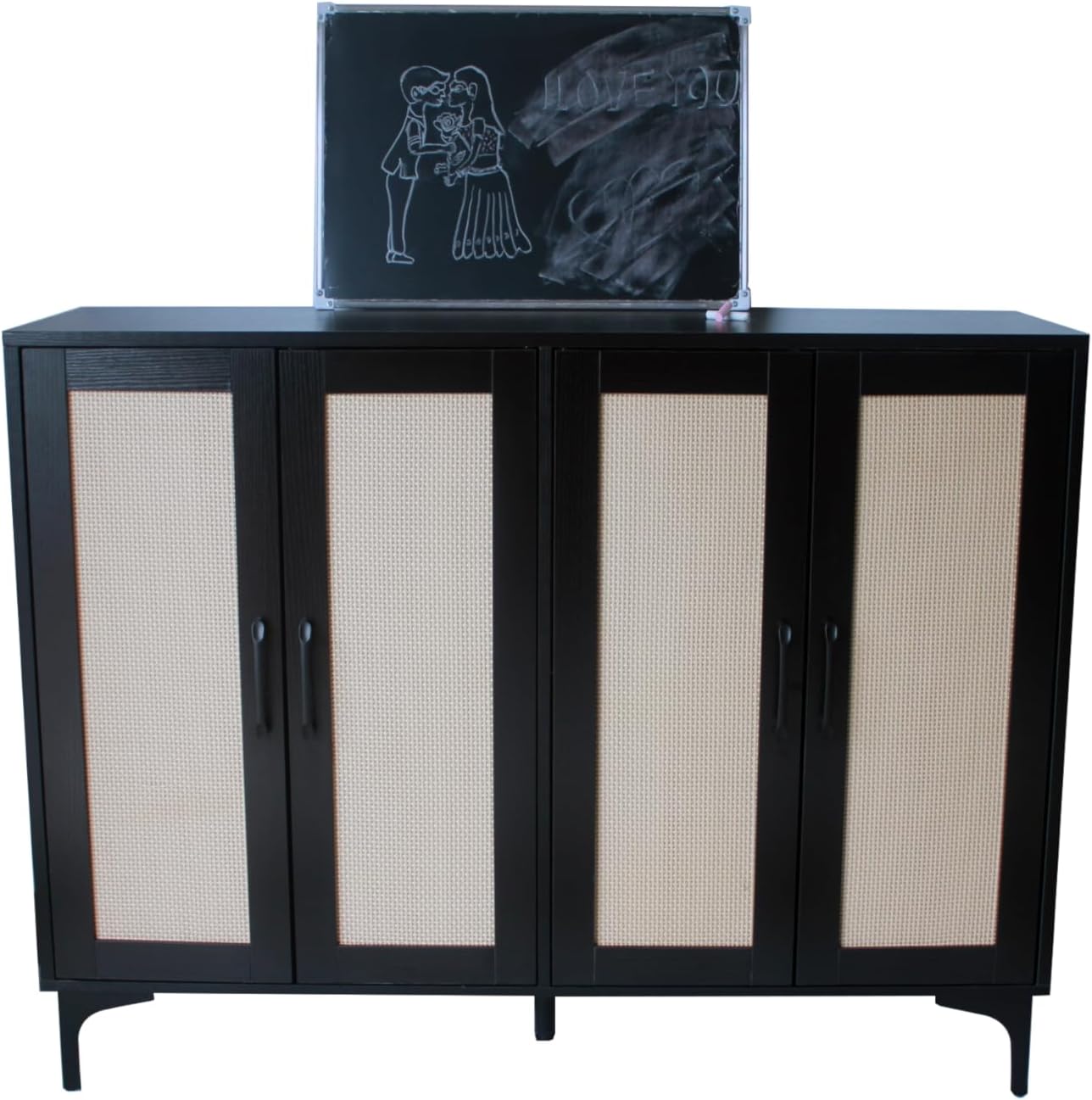 Buffet Sideboard, Side Storage Cabinet, entryway Cabinet, Buffet Sideboard with Rattan, Featuring 4 Doors and Adjustable Shelves, Suitable for Living Room (Black)