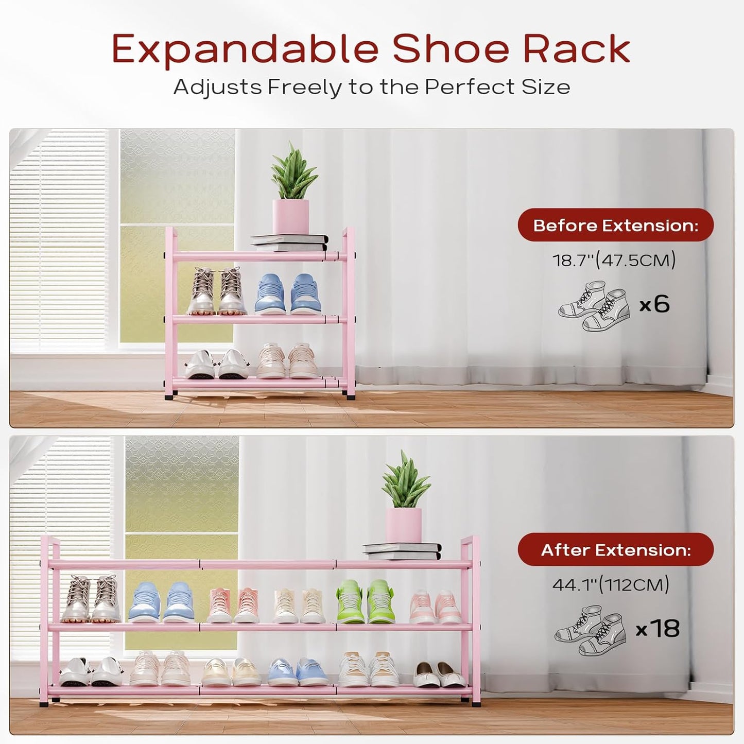 Bumusty 3-Tier Long Expandable Shoe Rack for Closet, 18"-44" Adjustable Shoe Rack for Entryway, 15-18 Pairs Large Shoe Organizer Shelf Storage, Sturdy Metal, Pink