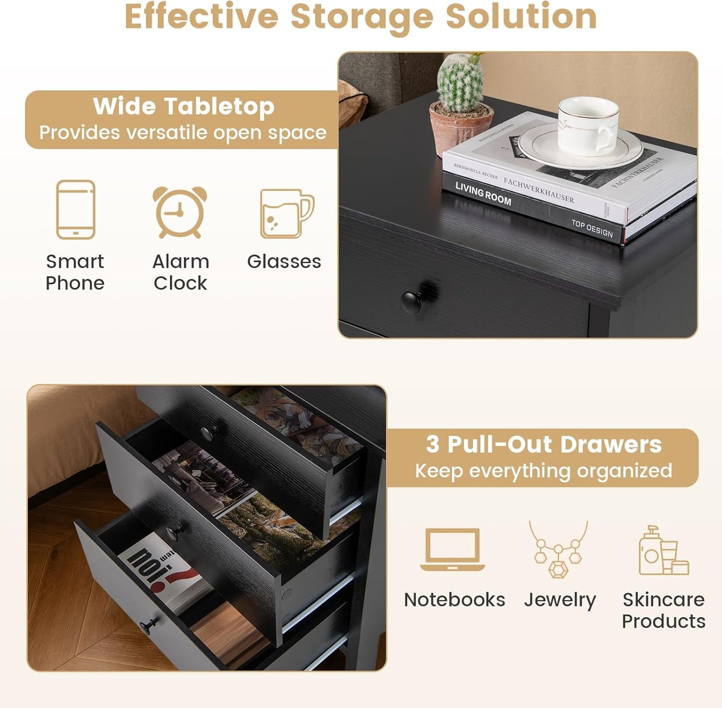 KOMFOTT 3 Drawers Nightstand, Wooden Bedside Table, Modern Sofa Side End Table, Space-Saving Telephone Table, Chest of Drawers for Living Room, Bedroom & Office (1, Black)