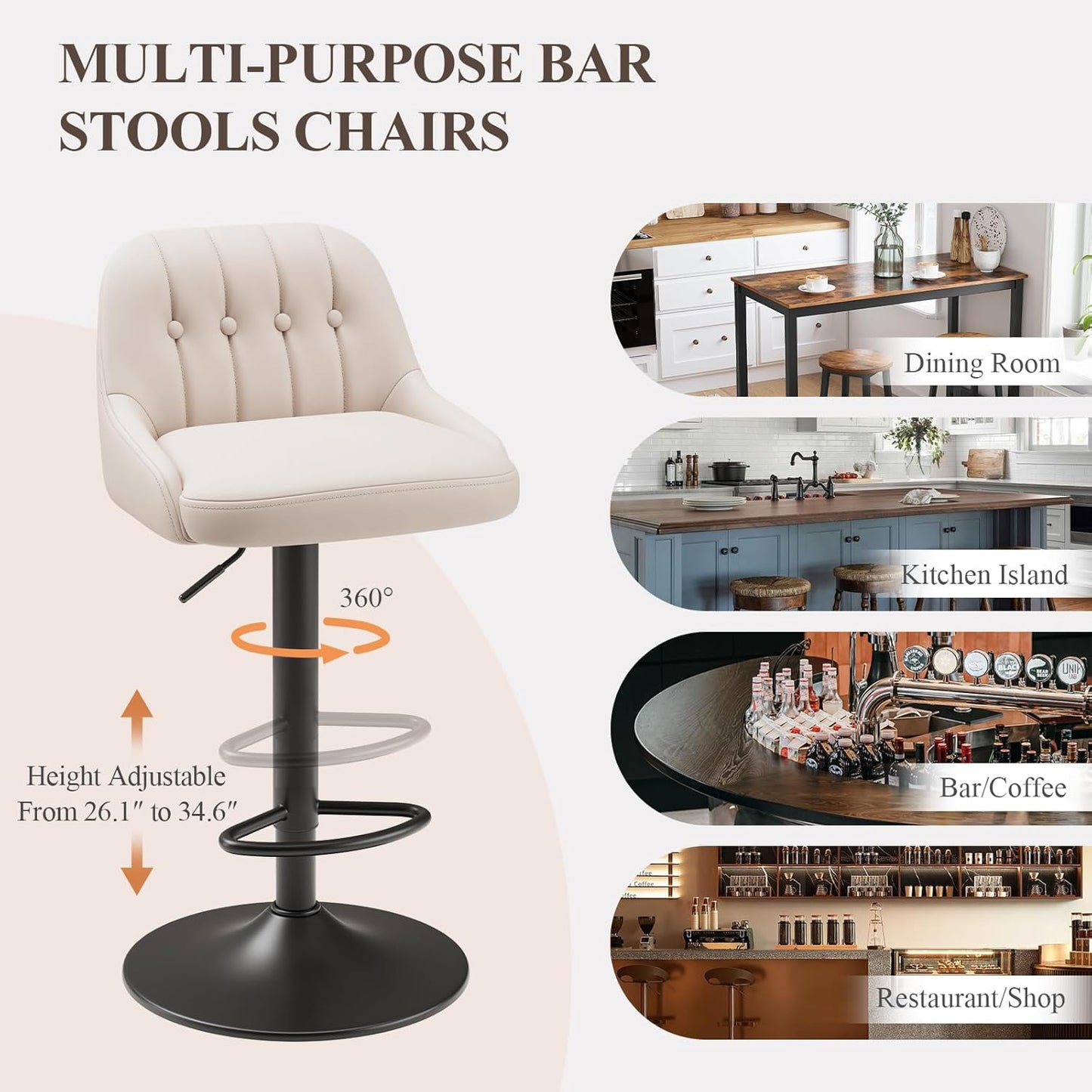 Bar Stools Set of 2, Swivel Bar Chairs, Modern Adjustable PU Leather Upholstered Barstools Counter Height with Tufted Back for Bar, Kitchen Counter Island, Dining Room, Beige
